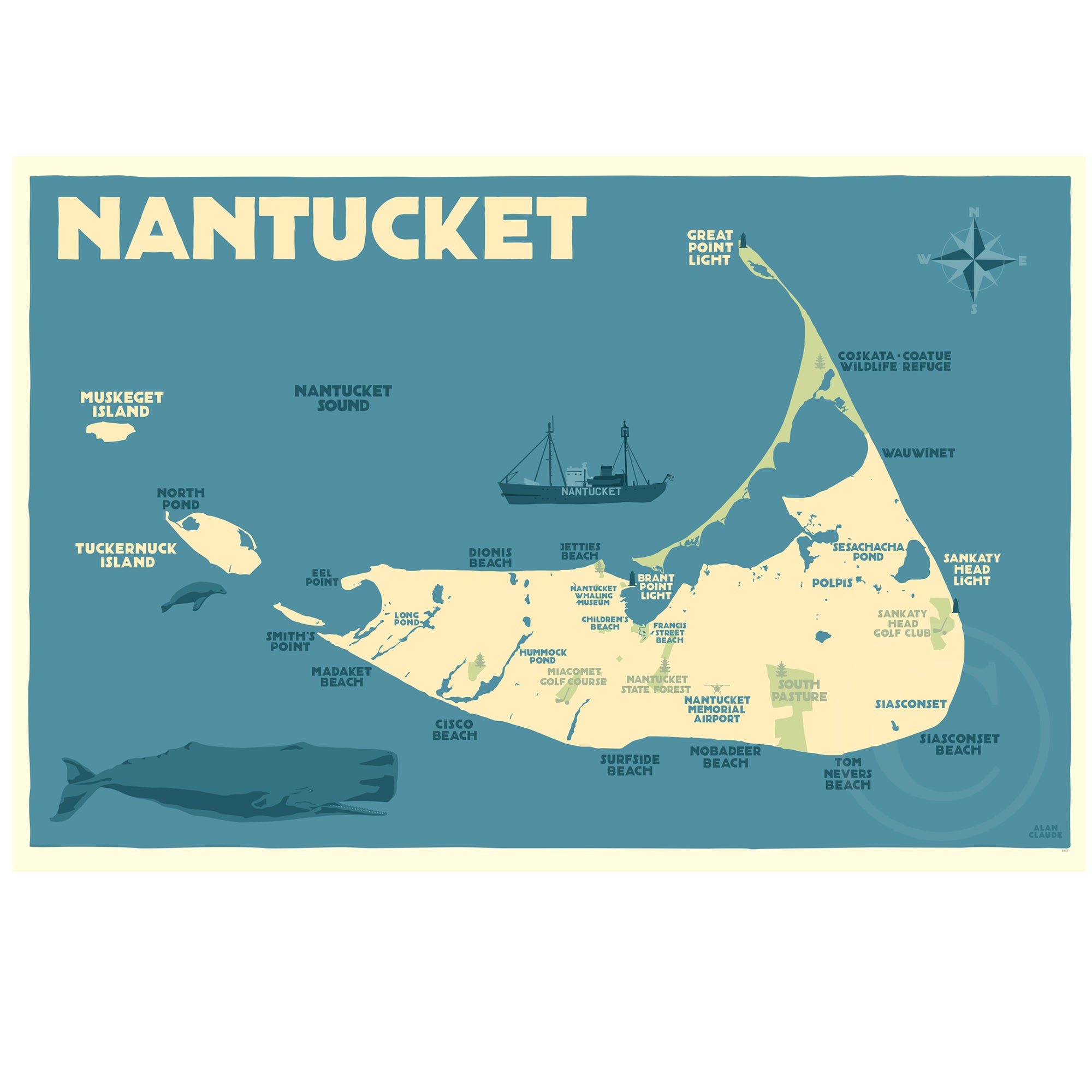 Nantucket Map Art Print 24" x 36" Travel Poster By Alan Claude - Massachusetts