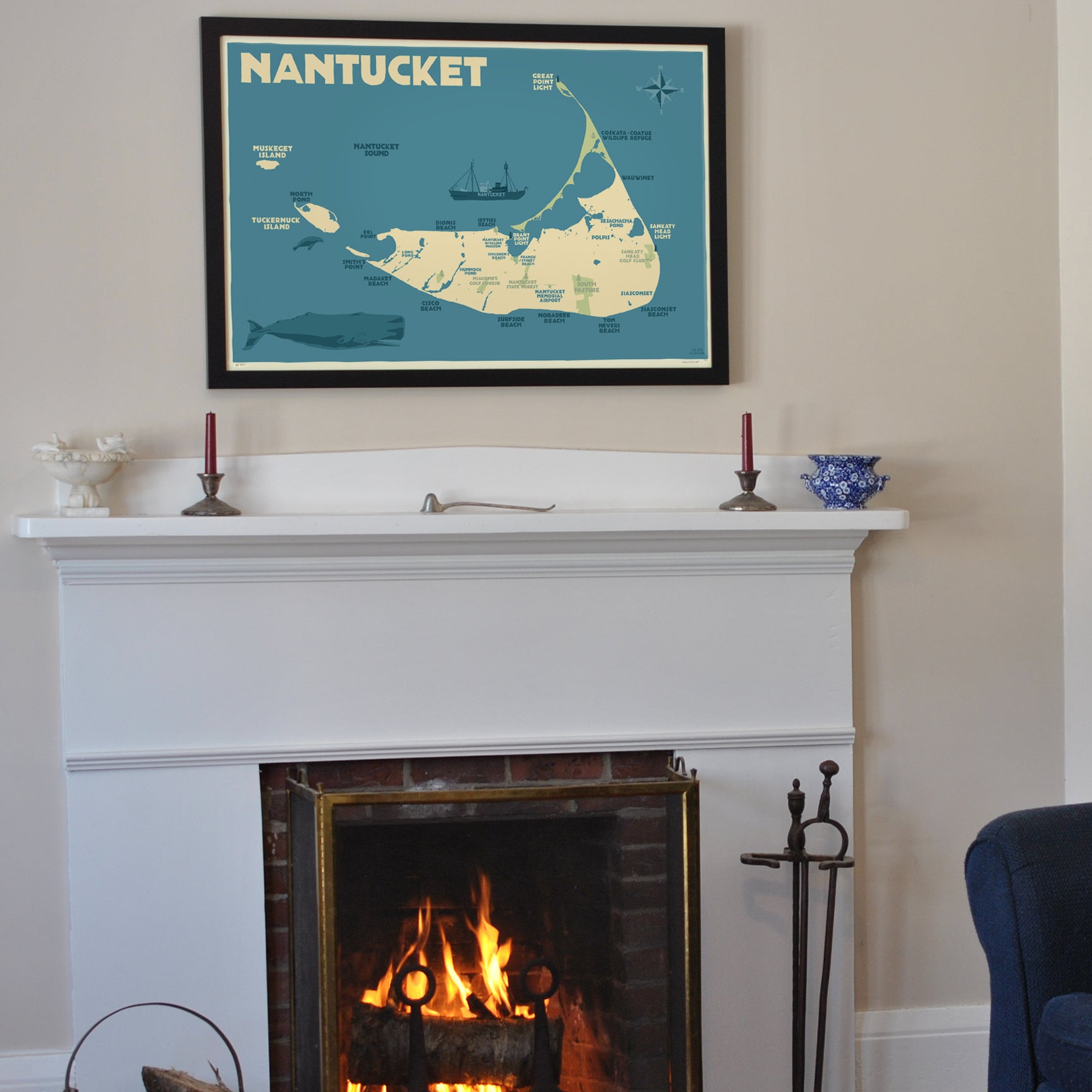Nantucket Map Art Print 24" x 36" Framed Travel Poster By Alan Claude  - Massachusetts
