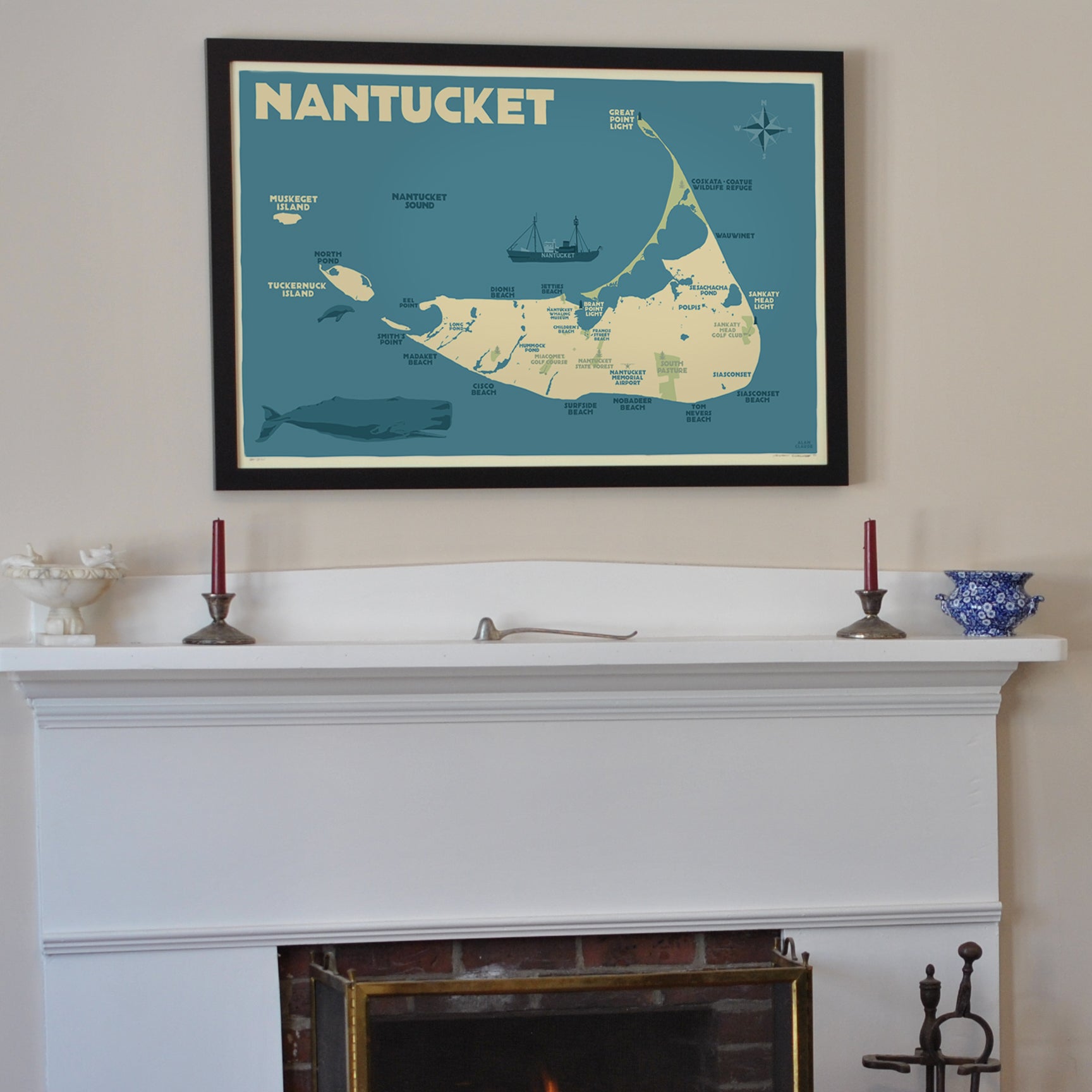 Nantucket Map Art Print 24" x 36" Framed Travel Poster By Alan Claude  - Massachusetts