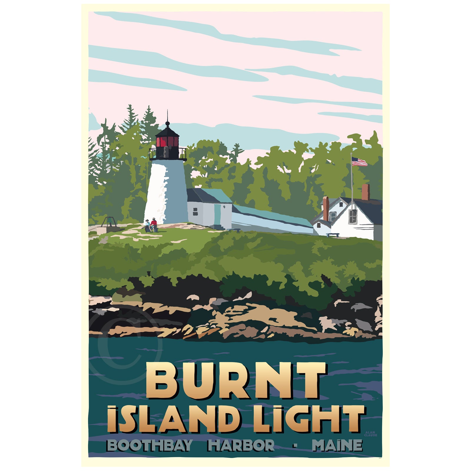 Burnt Island Light Art Print 24" x 36" Travel Poster By Alan Claude - Maine