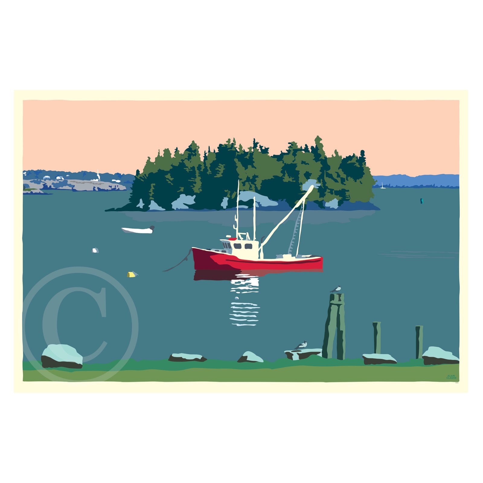 Lubec Lobster Boat (Horizontal) Art Print 24" x 36" Framed Wall Poster By Alan Claude - Maine