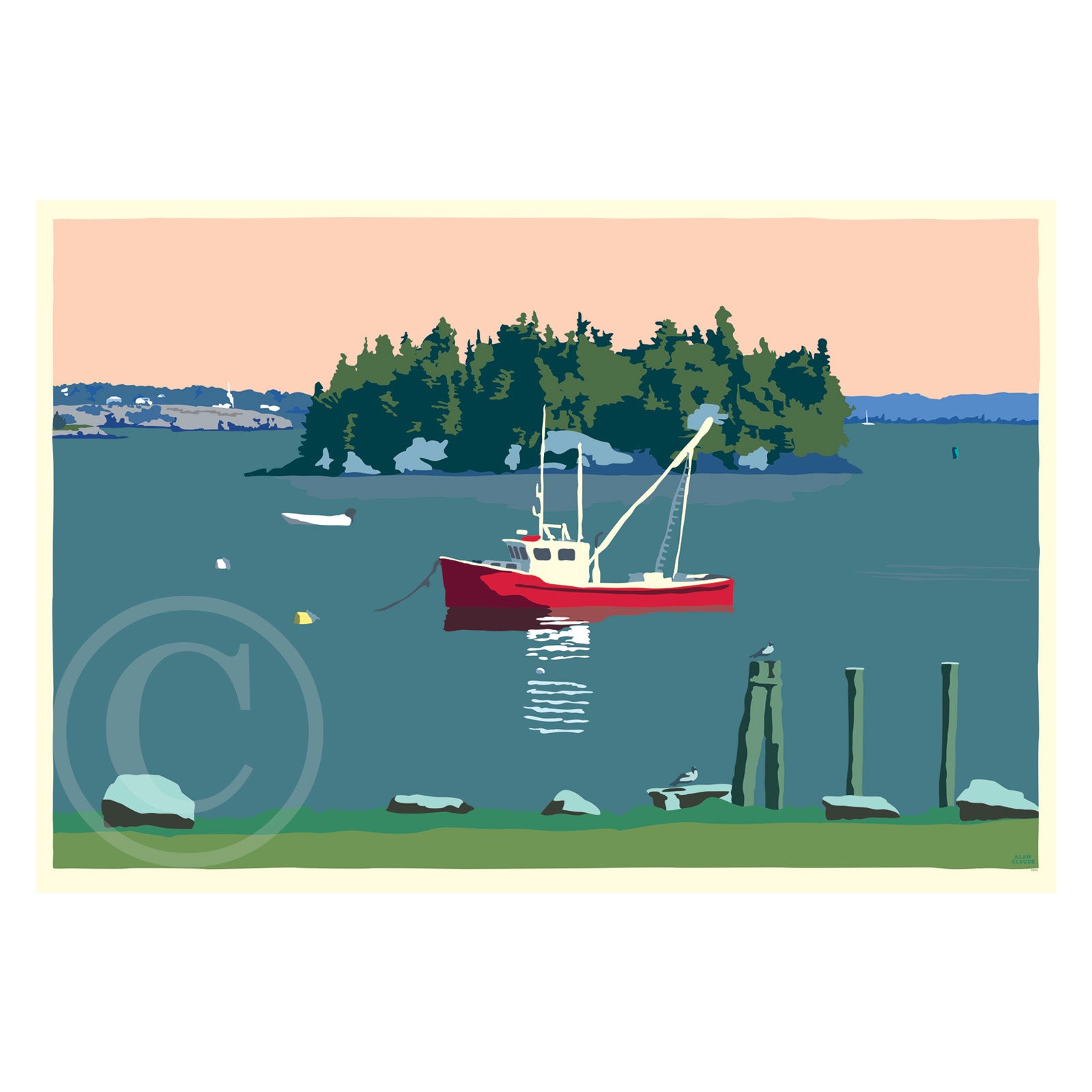 Lubec Lobster Boat Art Print (Horizontal) 36" x 53" Wall Poster By Alan Claude - Maine
