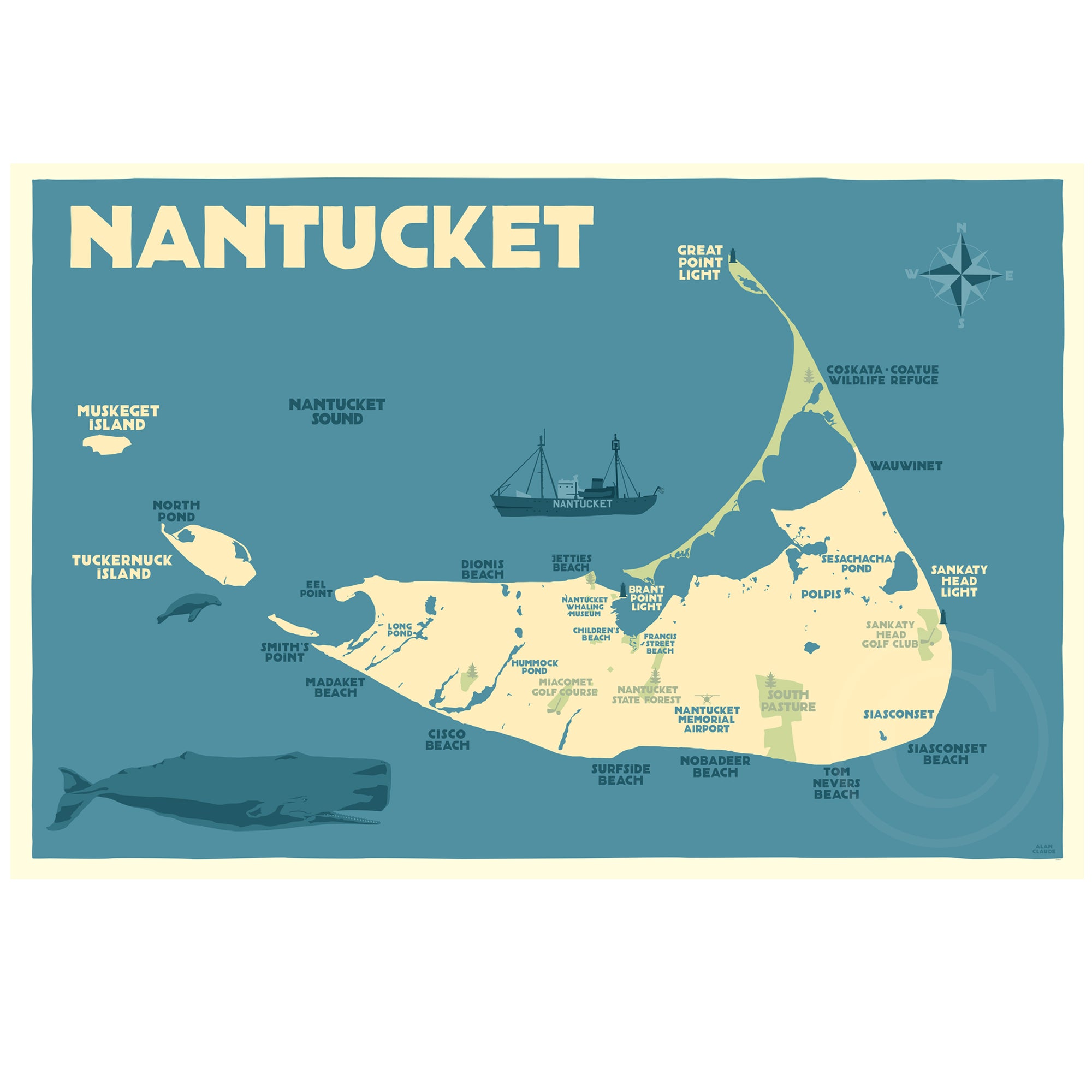 Nantucket Map Art Print 36" x 53" Travel Poster By Alan Claude - Massachusetts