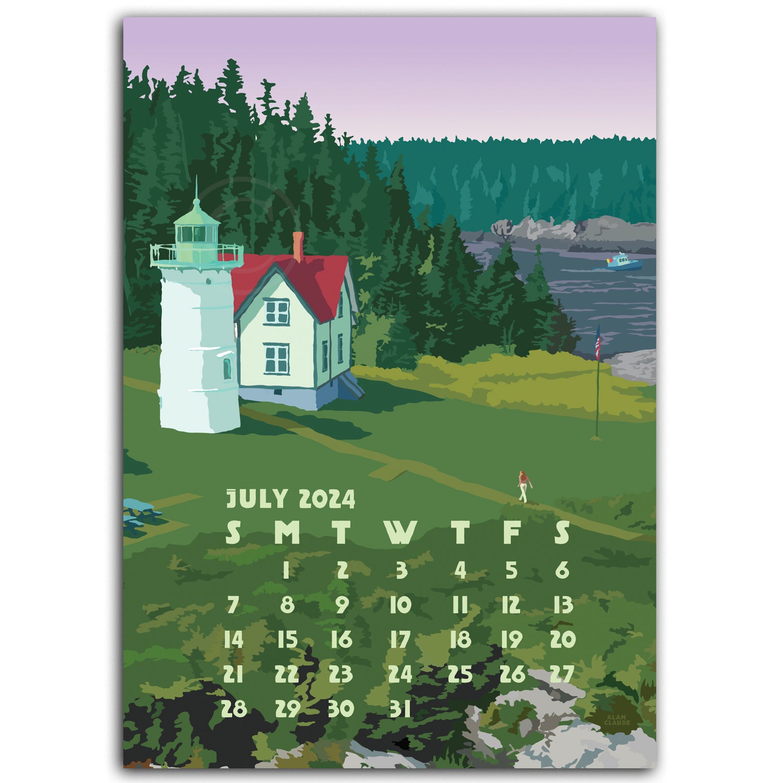 2024 DESK Art Calendar 5x7 Retro Vintage Art Style by Maine Artist Alan Claude