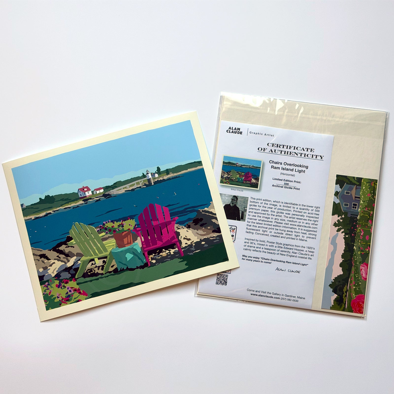 Chairs Overlooking Ram Island Art Horizontal Print 8" x 10" Wall Poster By Alan Claude - Maine