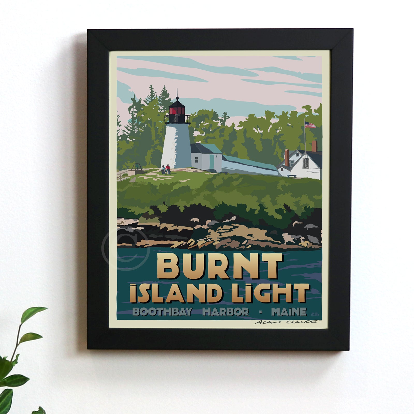 Burnt Island Light Art Print 8" x 10" Framed Travel Poster - Maine