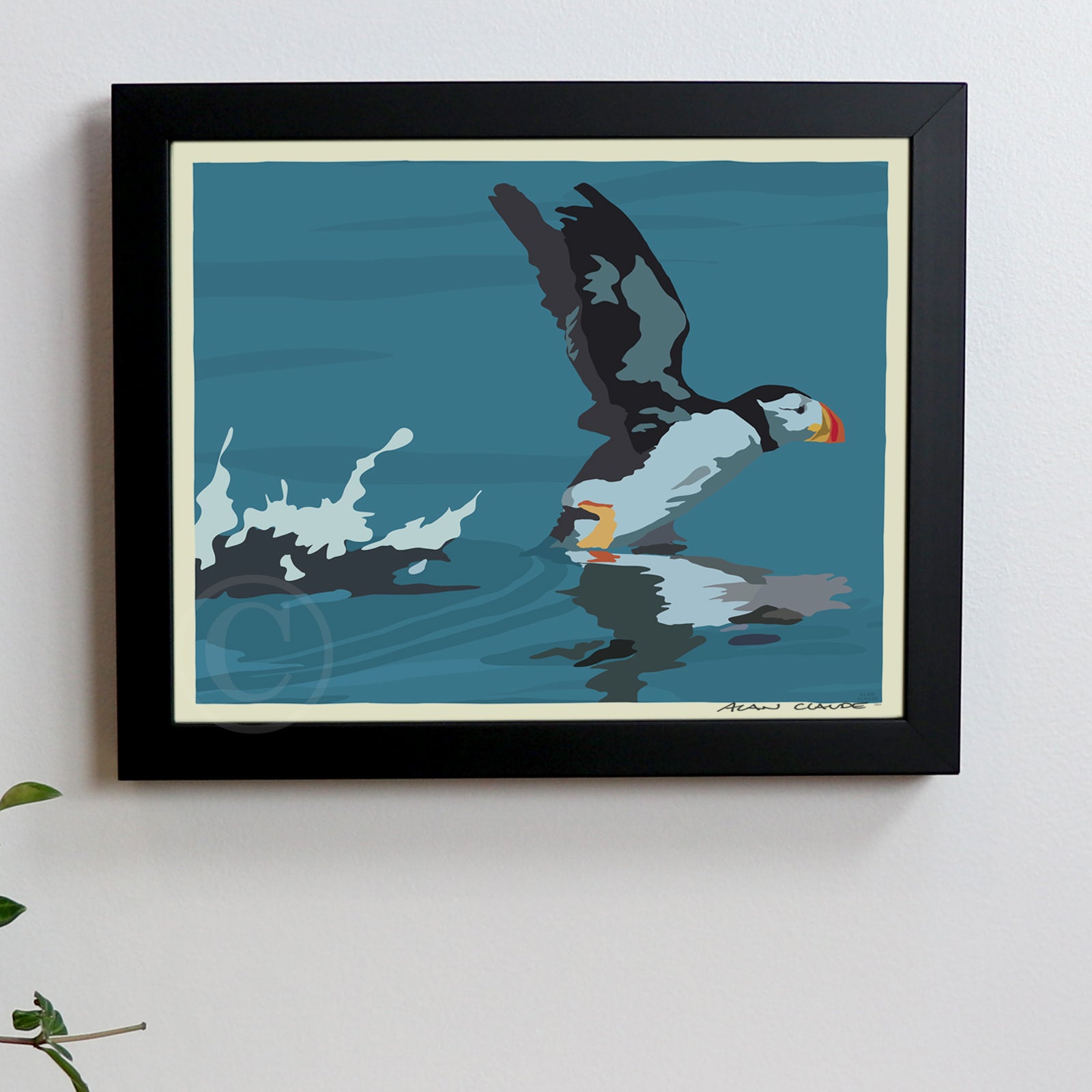 Puffin Takes Flight Art Print 8" x 10" Horizontal Framed Wall Poster - Maine
