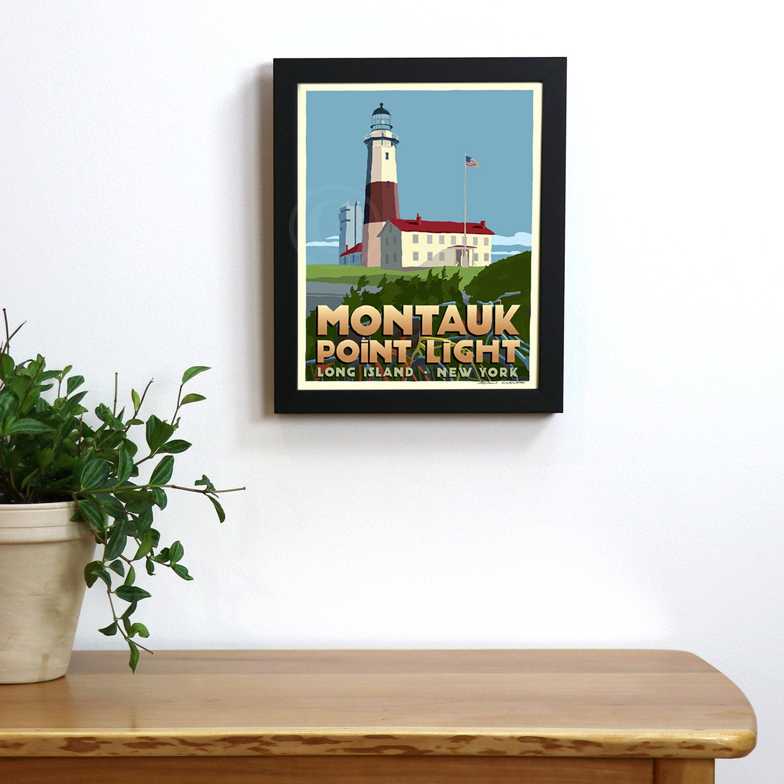 Montauk Point Light Art Print 8" x 10" Framed Wall Poster By Alan Claude - Long Island, New York