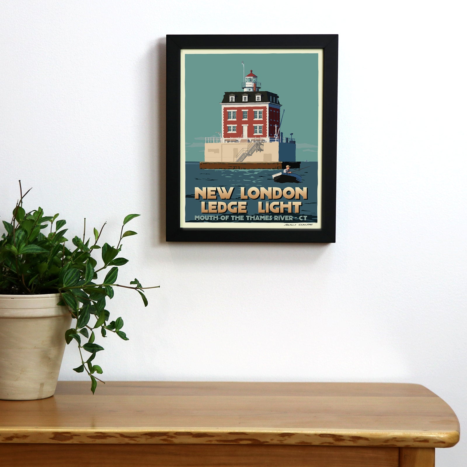 New London Ledge Light Art Print 8" x 10" Framed Travel Poster By Alan Claude - Connecticut