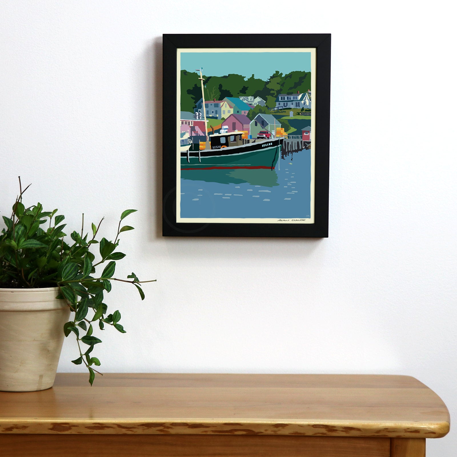 New Harbor Art Print 8" x 10" Framed Wall Poster By Alan Claude - Maine