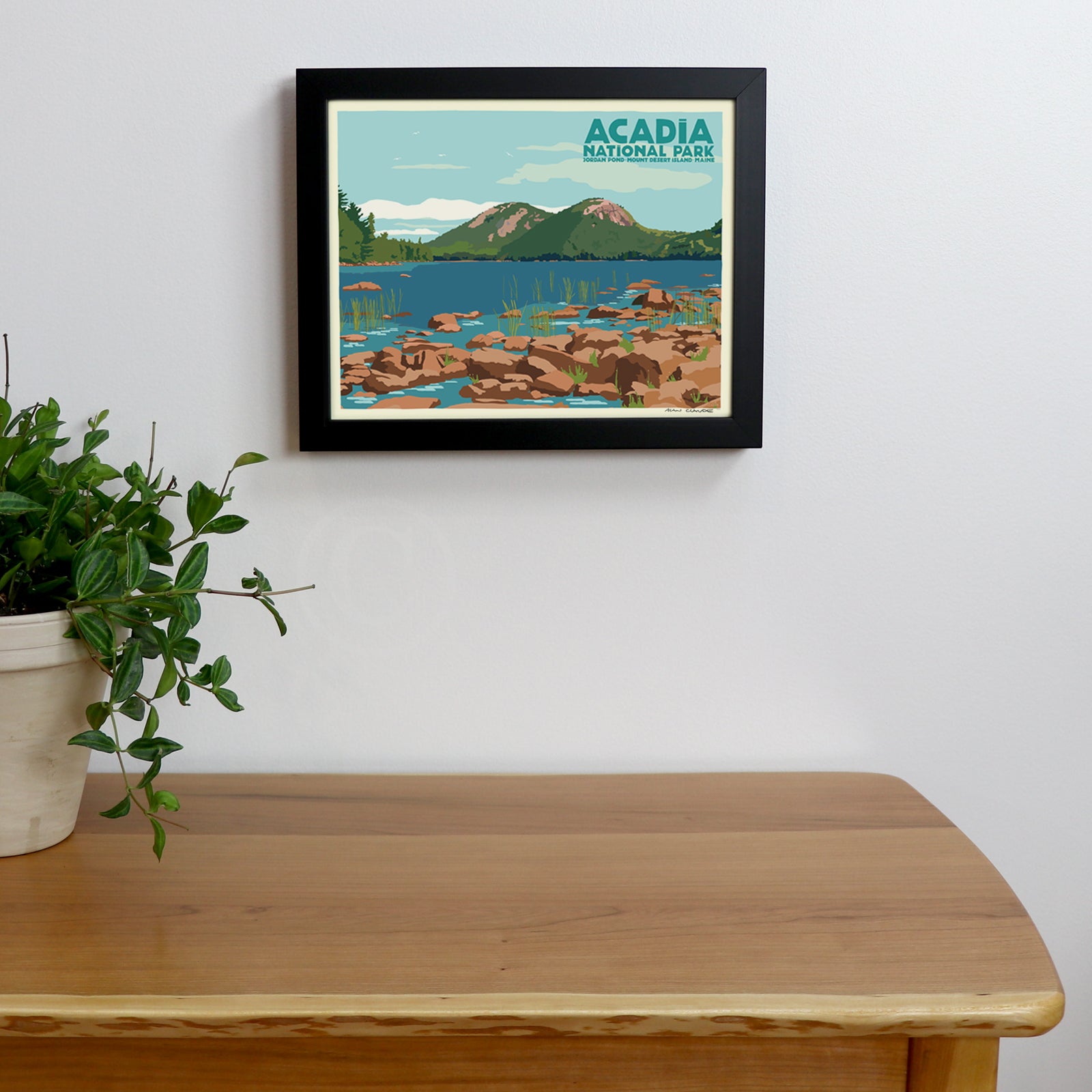 Jordan Pond Art Print Travel Poster (with title) 8" x 10" Framed By Alan Claude - Maine