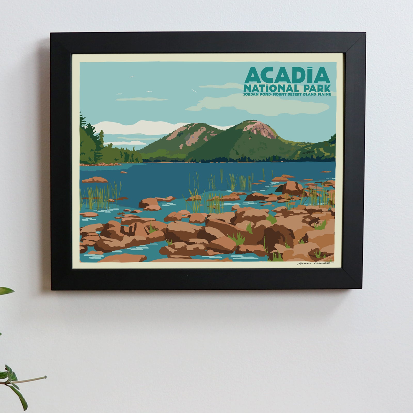 Jordan Pond Art Print Travel Poster (with title) 8" x 10" Framed By Alan Claude - Maine