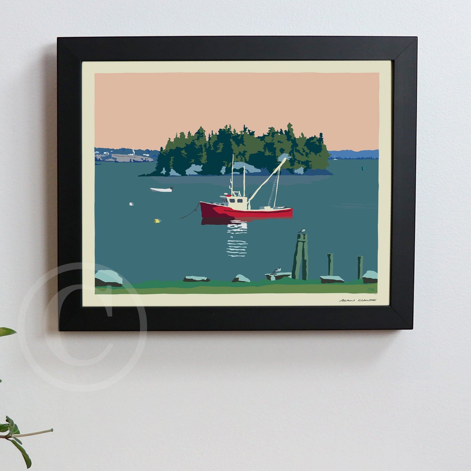 Lubec Lobster Boat Art Print 8" x 10" Framed Travel Poster (Horizontal) By Alan Claude - Maine