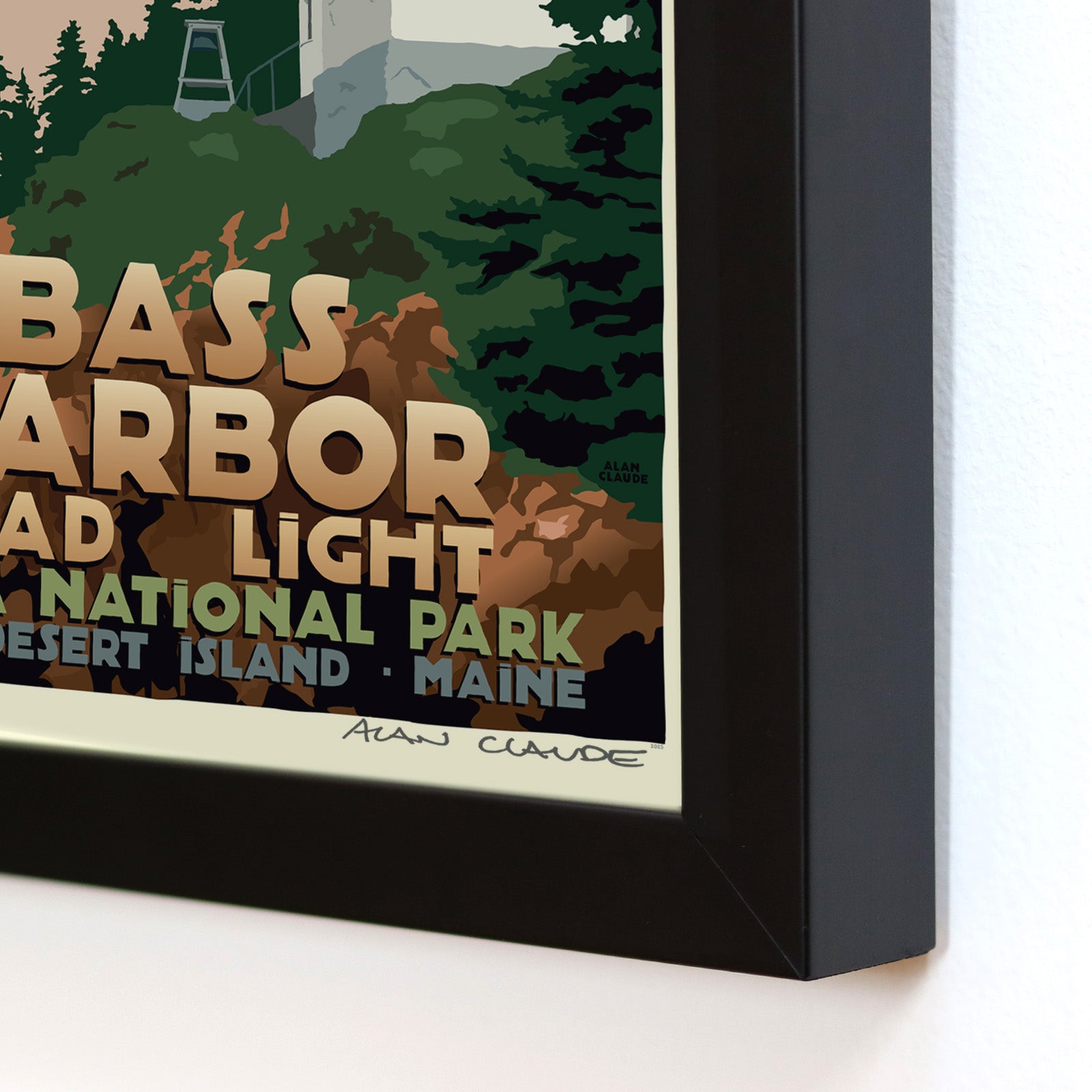 Bass Harbor Head Light Art Print 8" x 10" Framed Travel Poster By Alan Claude - Maine
