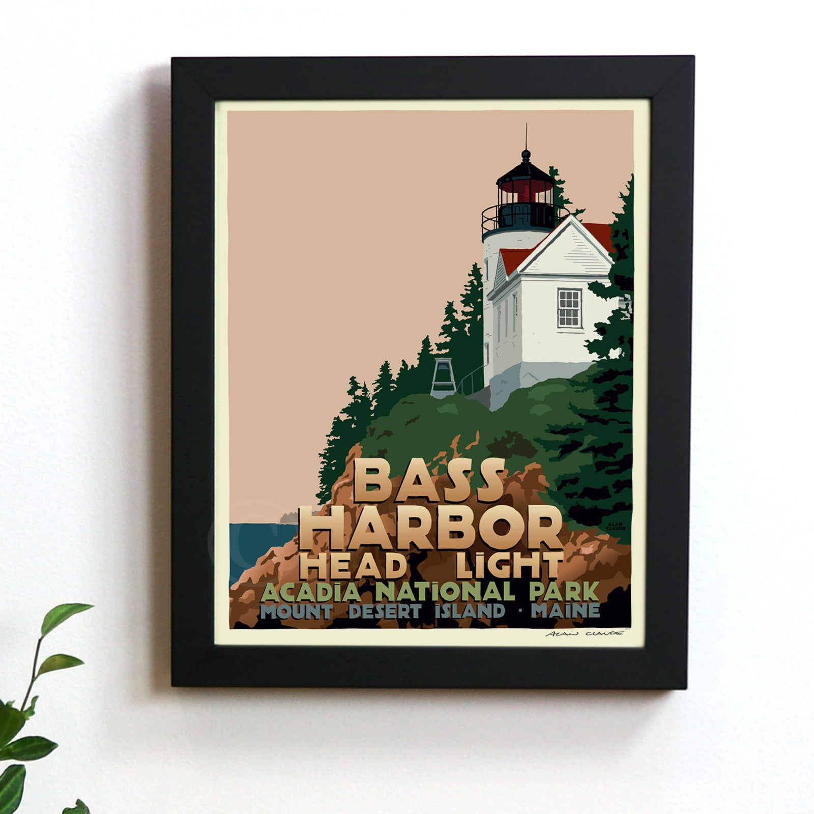 Bass Harbor Head Light Art Print 8" x 10" Framed Travel Poster By Alan Claude - Maine