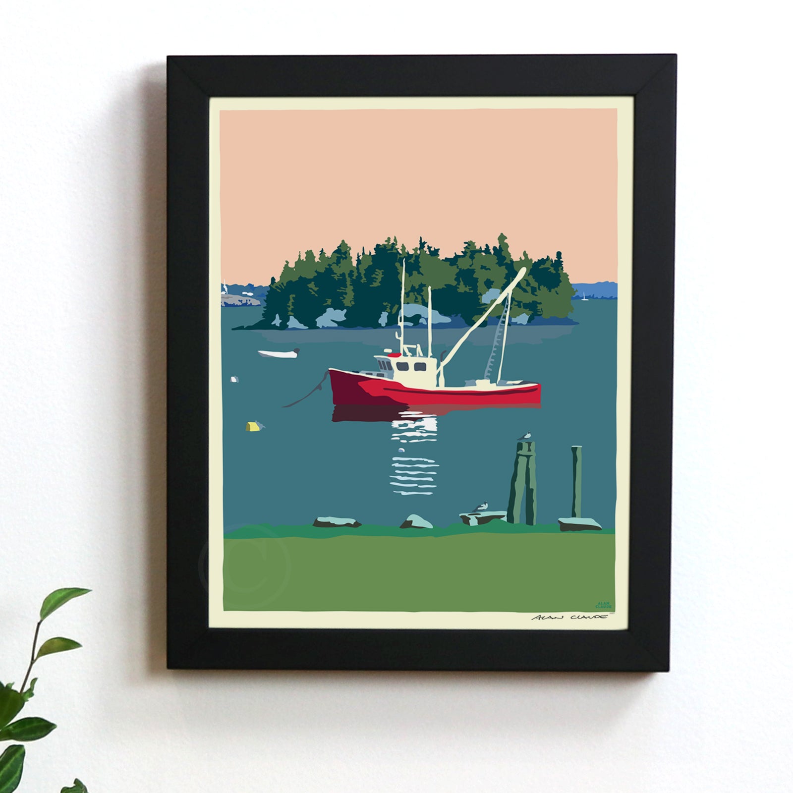 Lubec Lobster Boat Art Print 8" x 10" Framed Wall Poster By Alan Claude - Maine