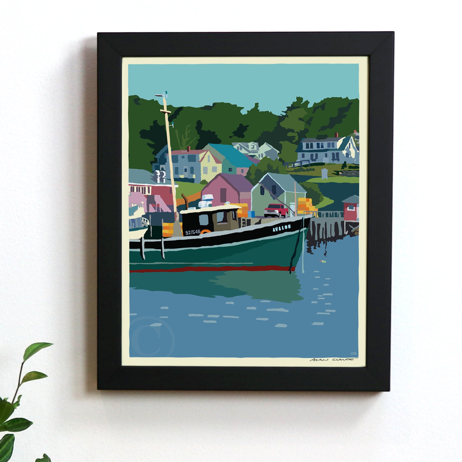 New Harbor Art Print 8" x 10" Framed Wall Poster By Alan Claude - Maine