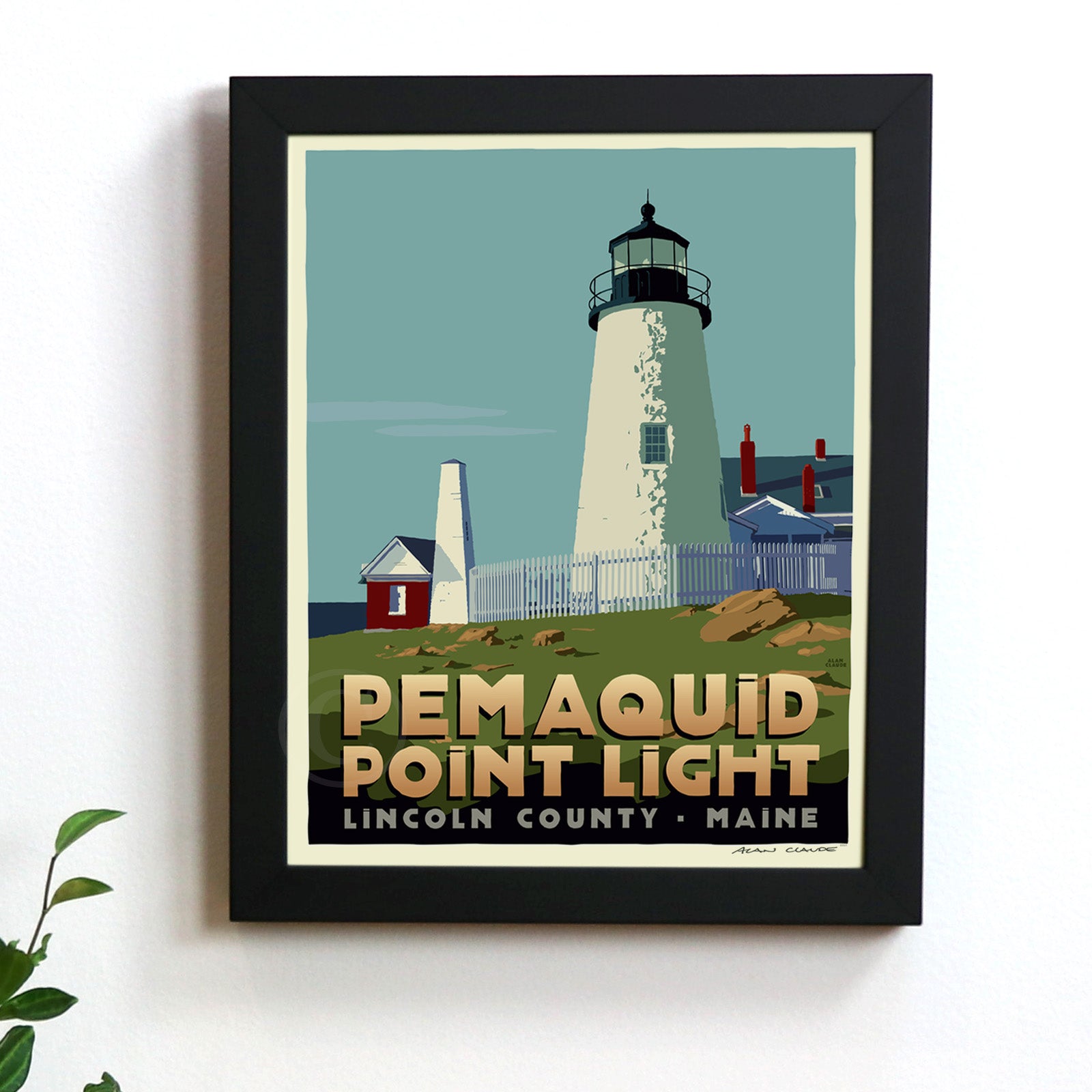 Pemaquid Point Light Art Print 8" x 10" Framed Travel Poster By Alan Claude - Maine