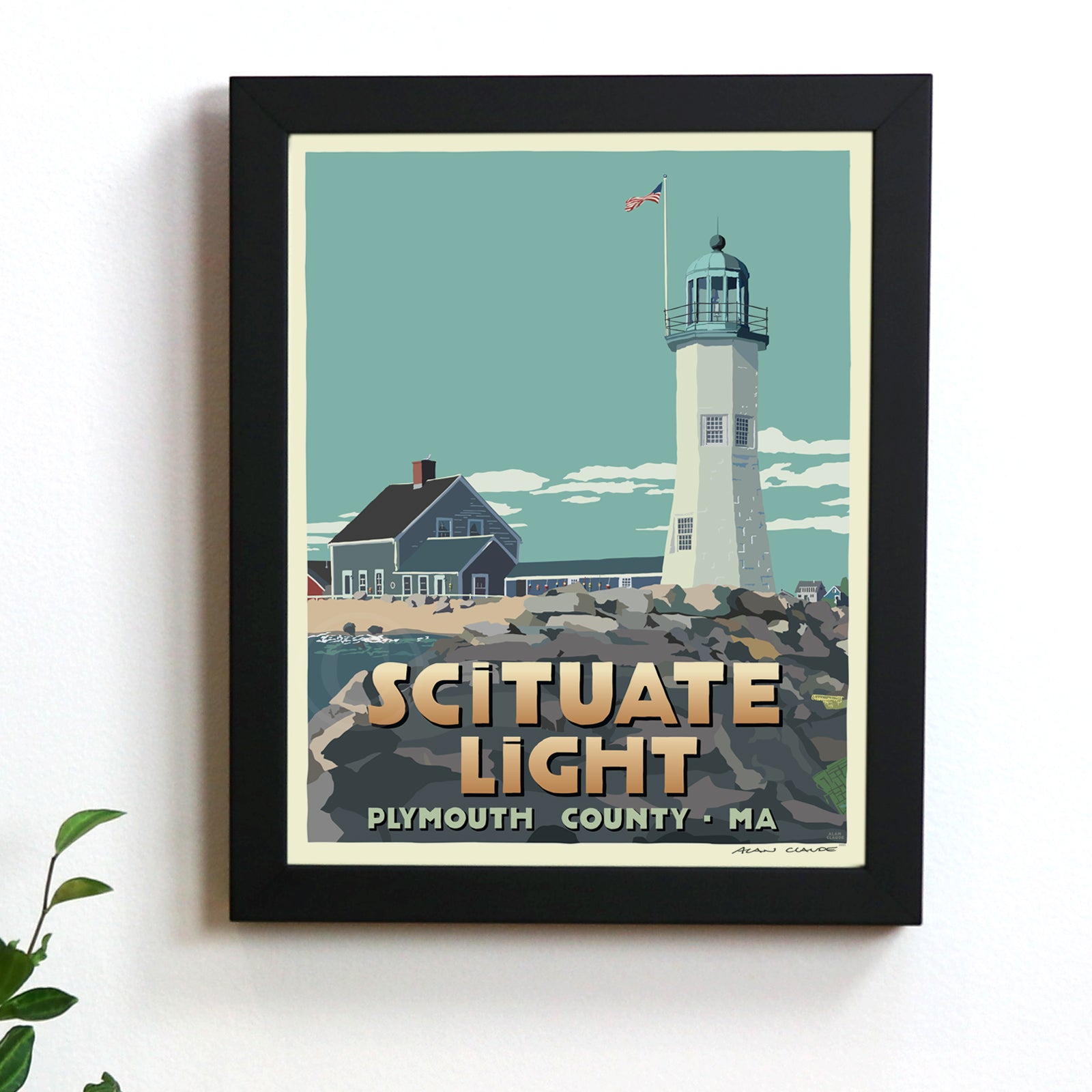 Scituate Light Art Print 8" x 10" Framed Travel Poster By Alan Claude - Massachusetts