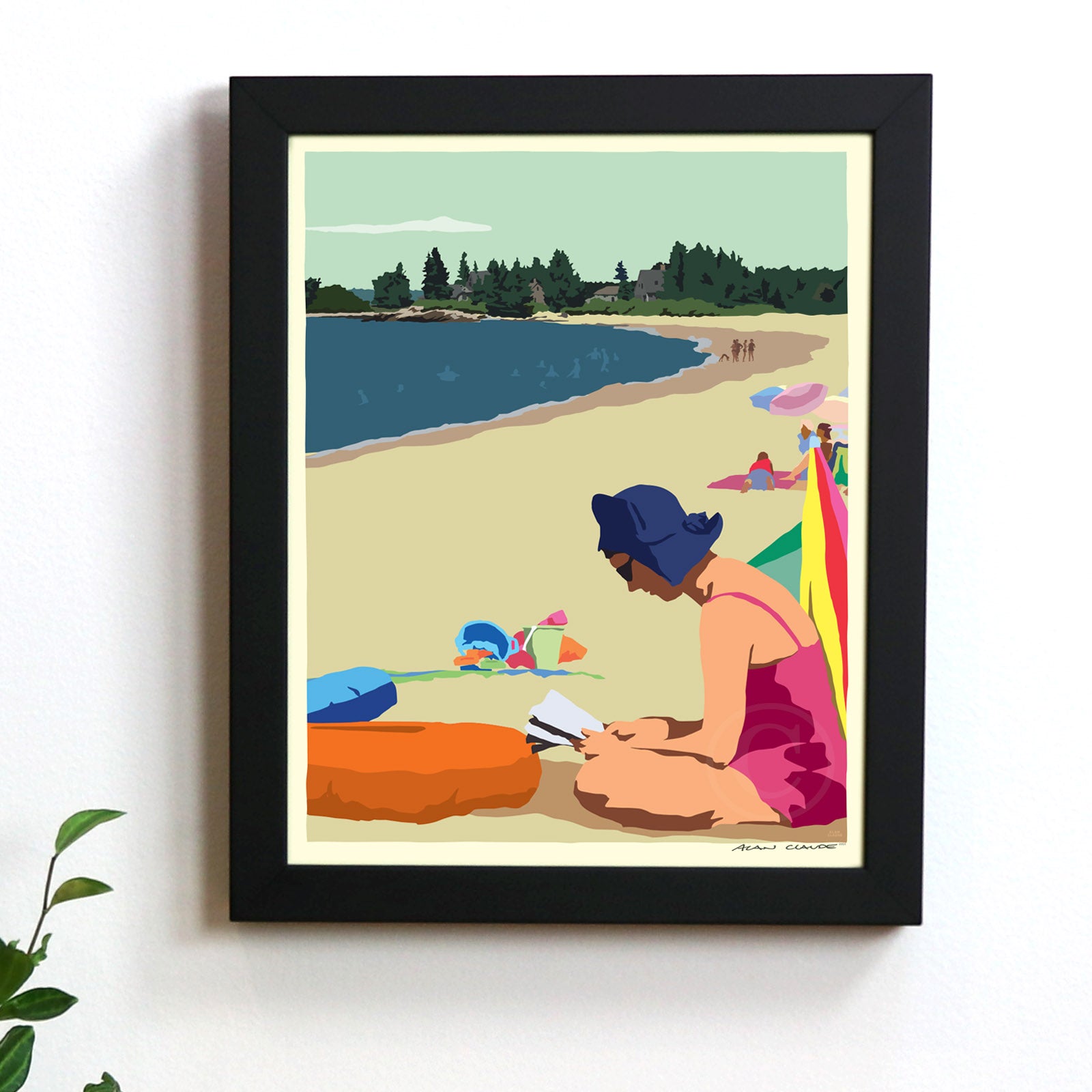 Good Book At The Beach Art Print 8" x 10" Framed Wall Poster By Alan Claude - Maine