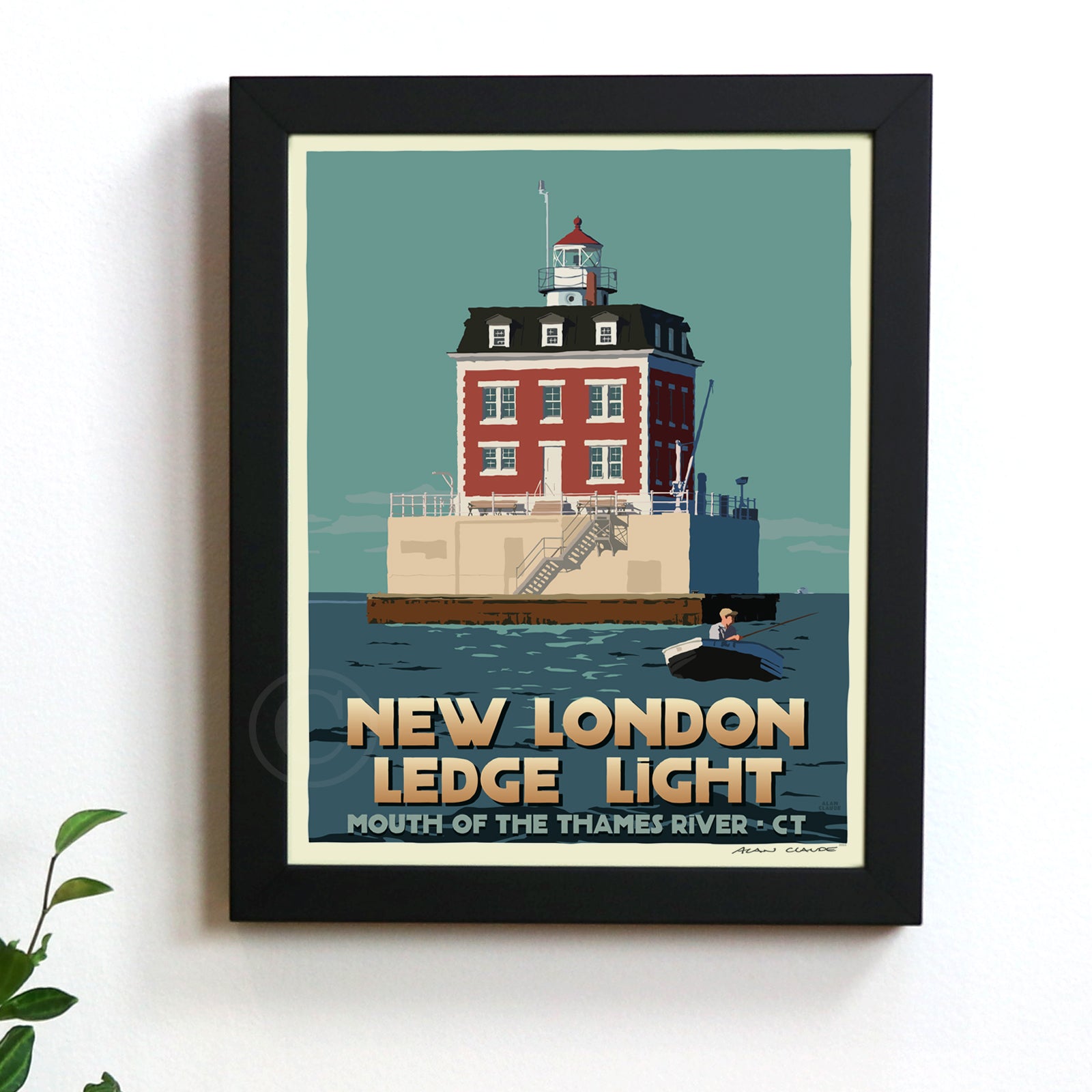 New London Ledge Light Art Print 8" x 10" Framed Travel Poster By Alan Claude - Connecticut