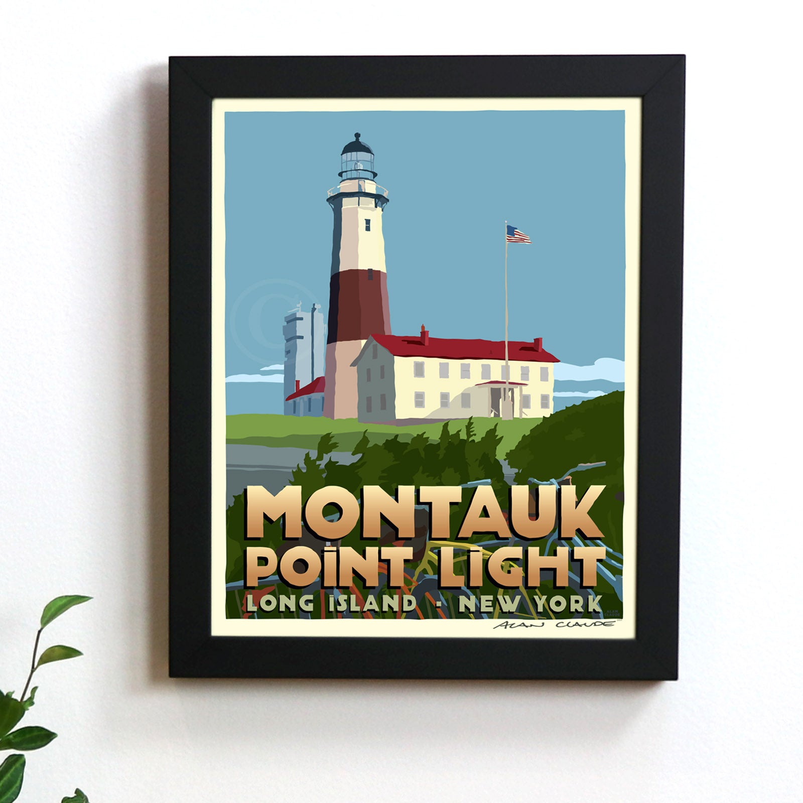 Montauk Point Light Art Print 8" x 10" Framed Wall Poster By Alan Claude - Long Island, New York