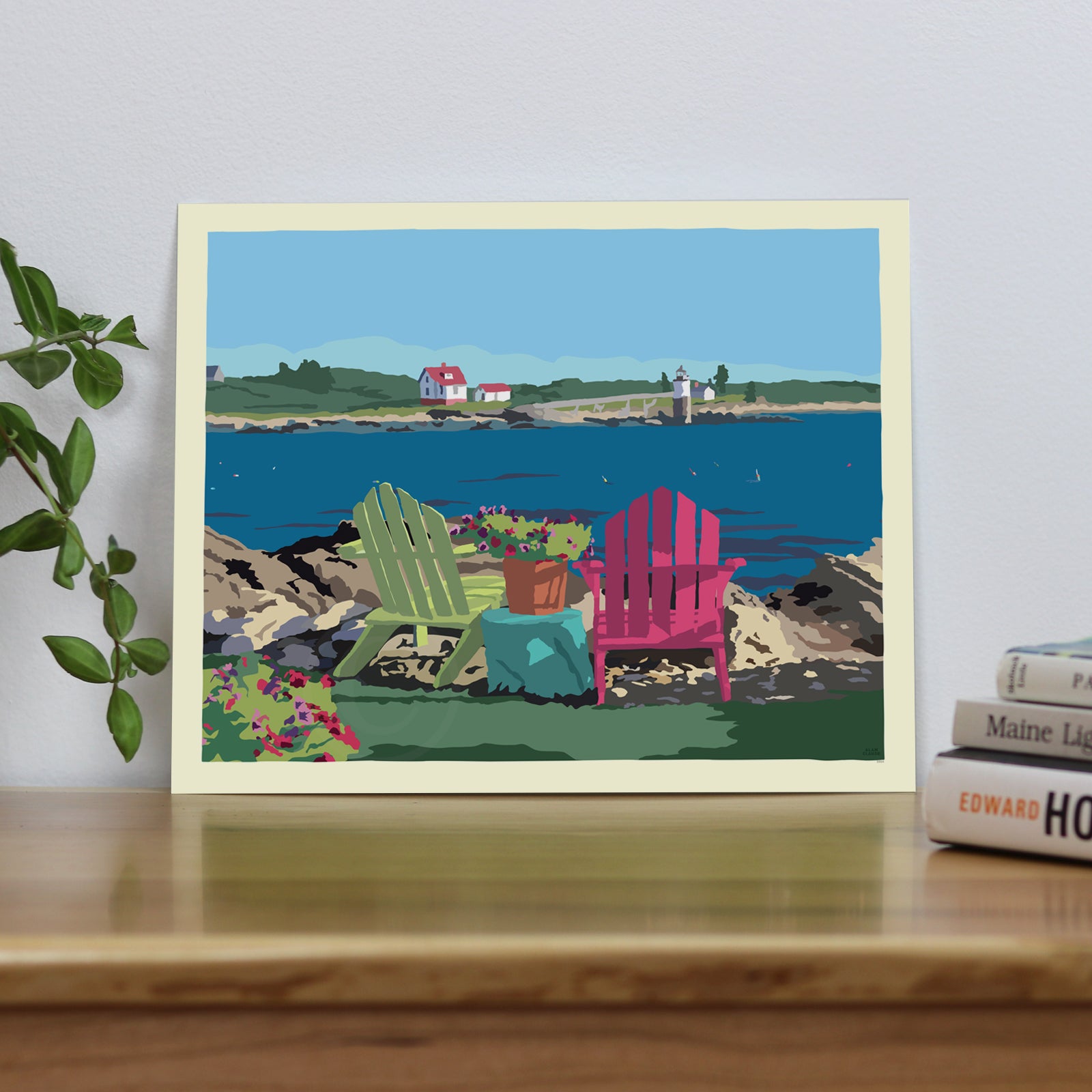 Chairs Overlooking Ram Island Art Horizontal Print 8" x 10" Wall Poster By Alan Claude - Maine