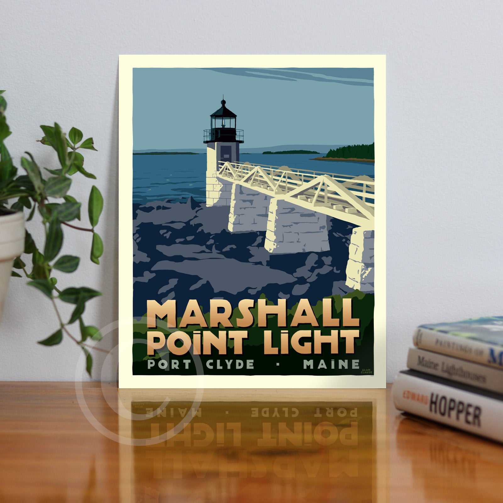 Marshall Point Light Art Print (Thin Border) 8" x 10" Travel Poster By Alan Claude - Maine
