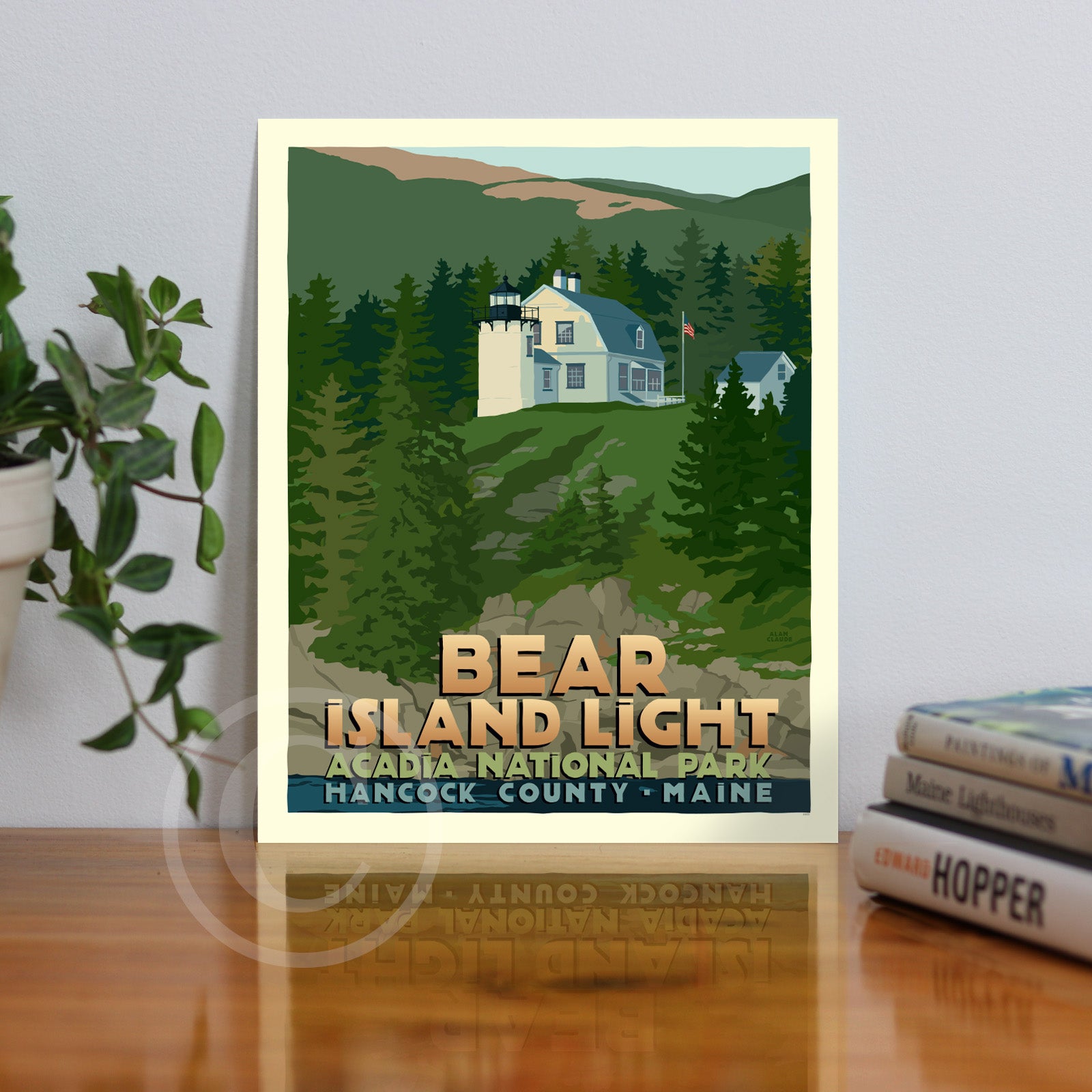 Bear Island Light Art Print (Thin Border) 8" x 10" Travel Poster By Alan Claude - Maine