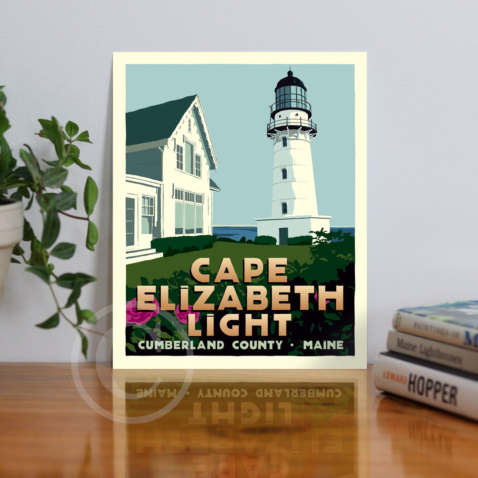 Cape Elizabeth Light Art Print (Thin Border) 8" x 10" Travel Poster By Alan Claude - Maine