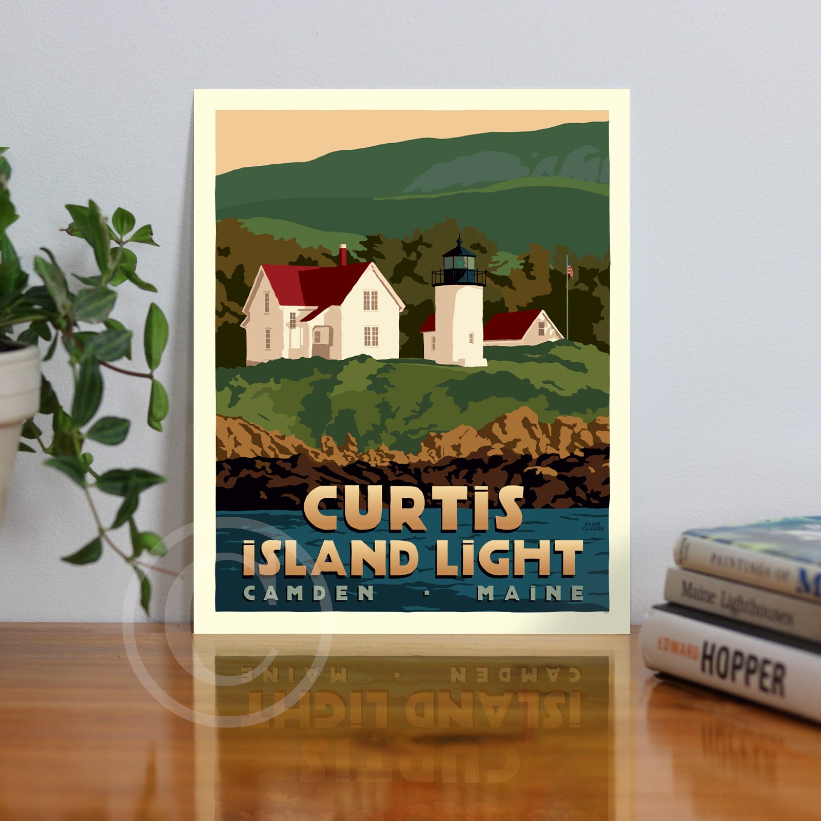Curtis Island Light Art Print (Thin Border) 8" x 10" Travel Poster By Alan Claude - Maine