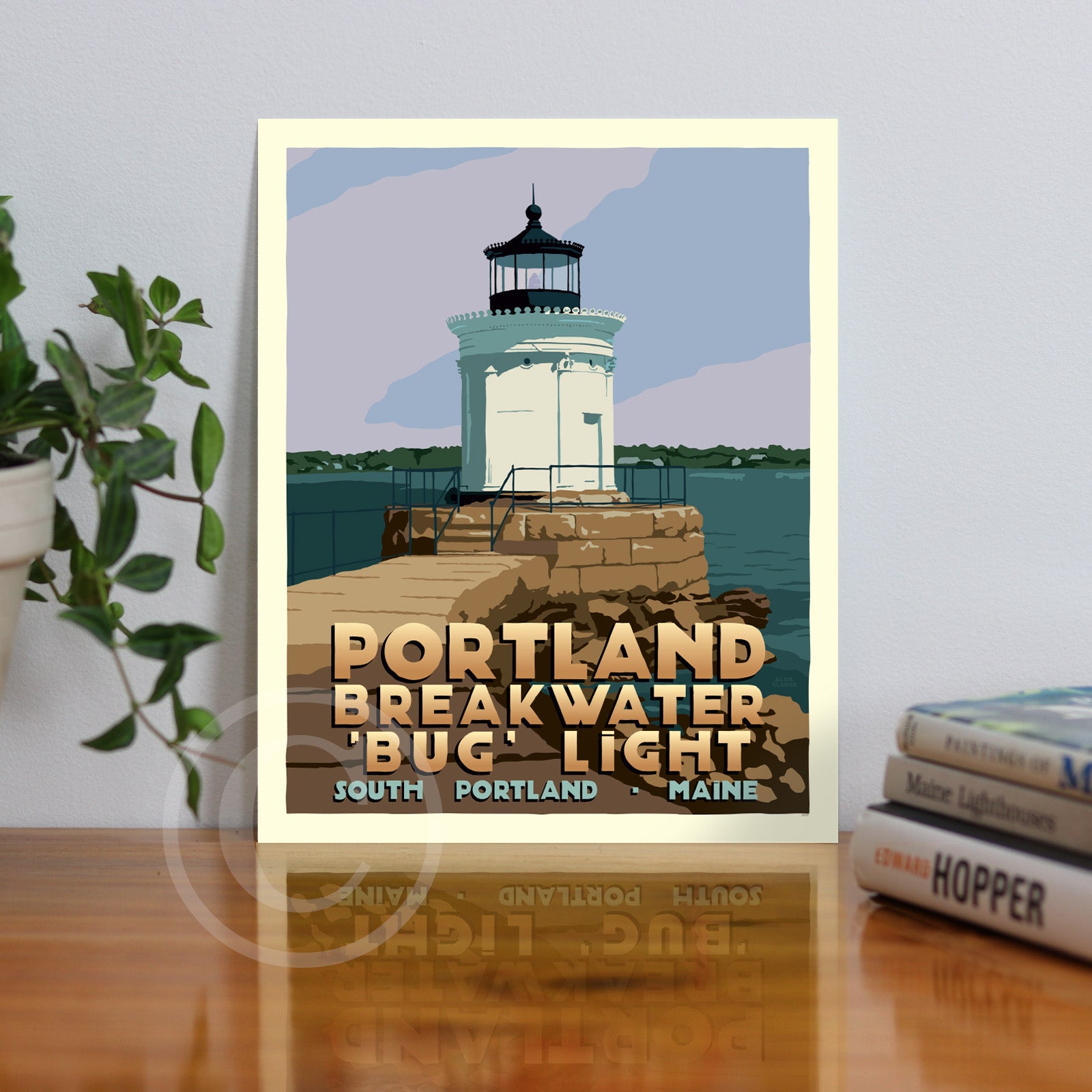 Portland Breakwater Bug Light Art Print 8" x 10" Travel Poster By Alan Claude - Maine