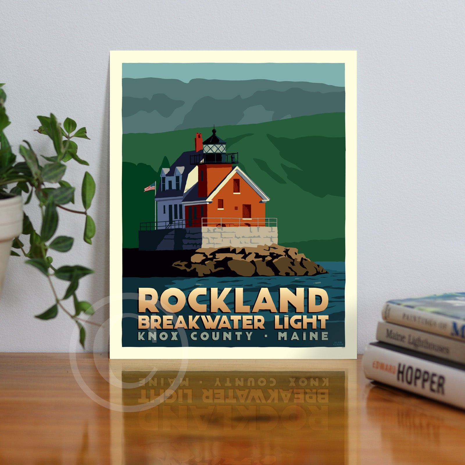Rockland Breakwater Light (Thin Border) Art Print 8" x 10" Travel Poster By Alan Claude - Maine