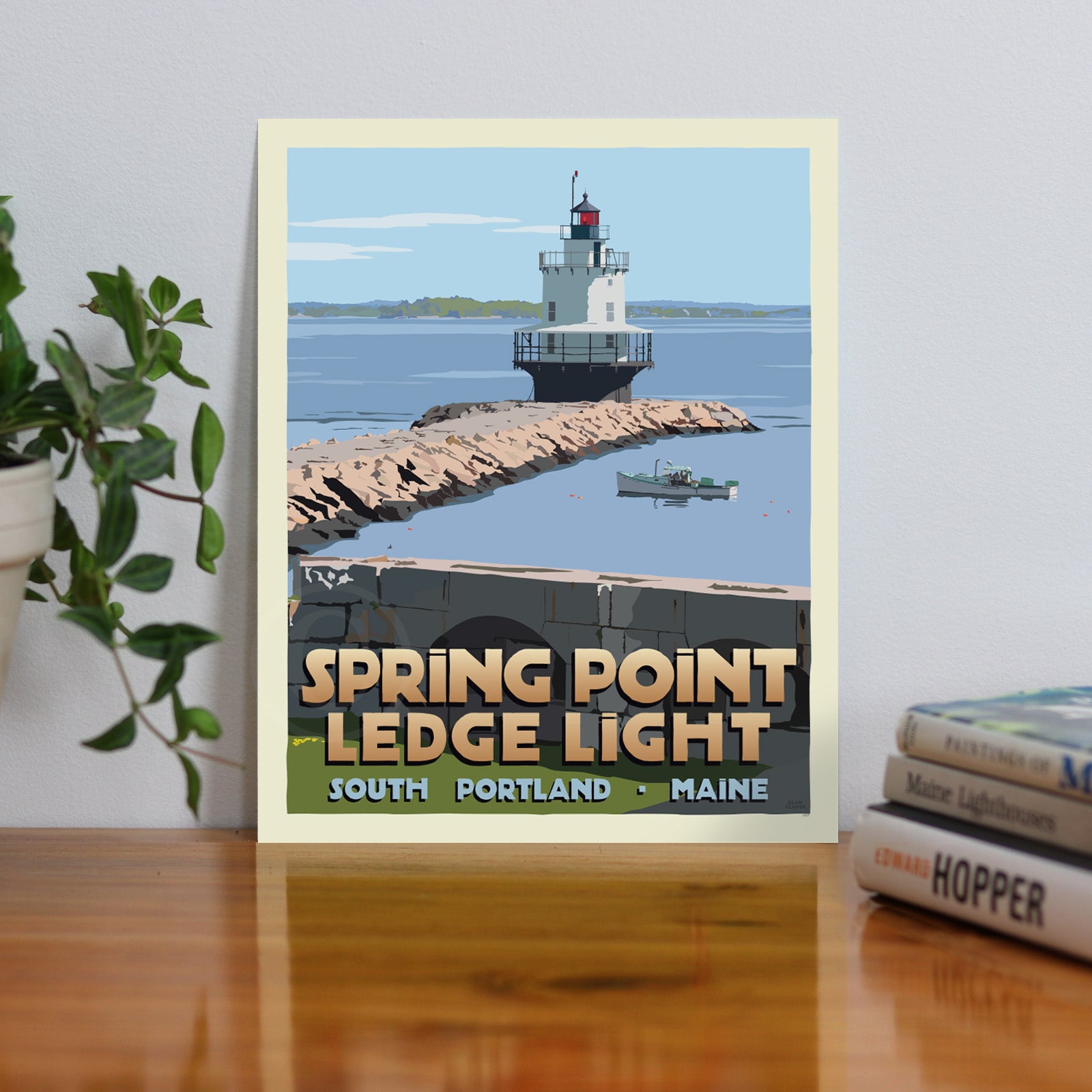 Spring Point Ledge Light Art Print 8" x 10" Travel Poster By Alan Claude - Maine