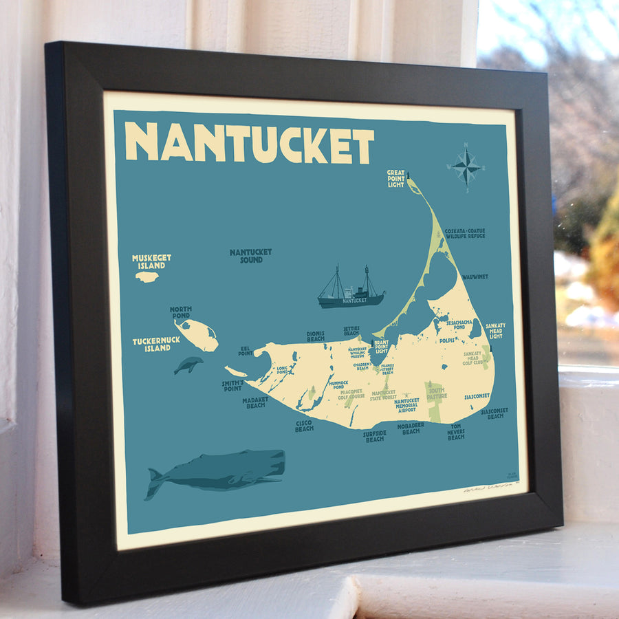 Nantucket Map Art Print 8" x 10" Horizontal Framed Travel Poster By Al