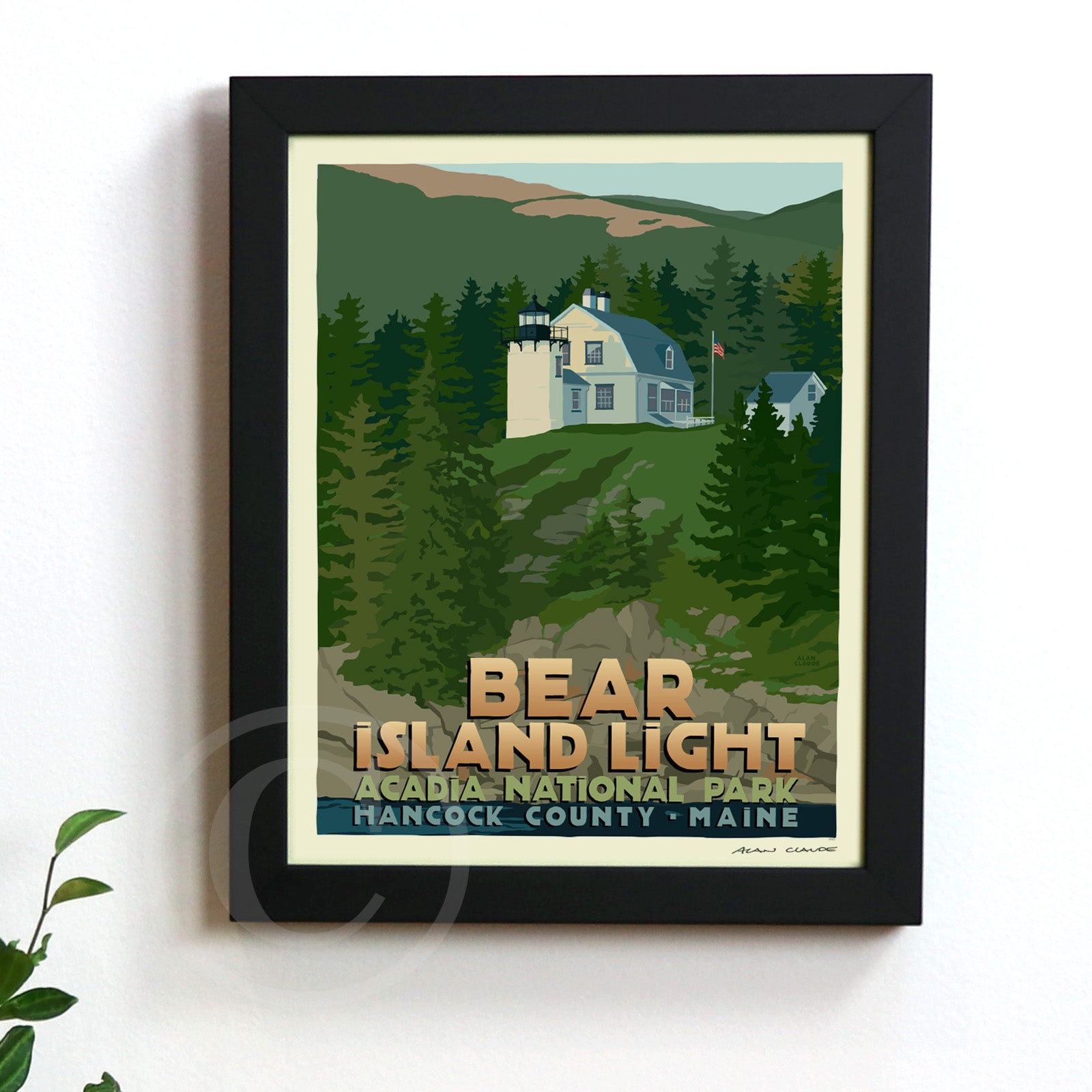 Bear Island Light Art Print (Thin Border) 8" x 10" Framed Travel Poster By Alan Claude - Maine