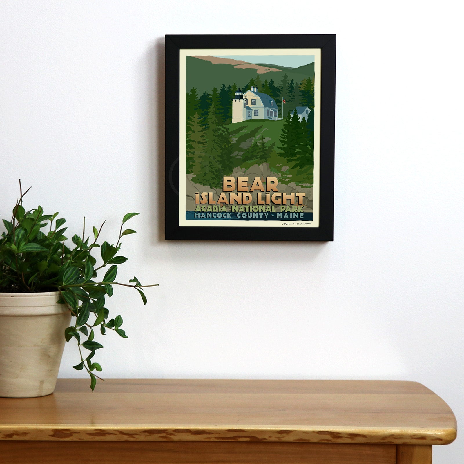 Bear Island Light Art Print (Thin Border) 8" x 10" Framed Travel Poster By Alan Claude - Maine
