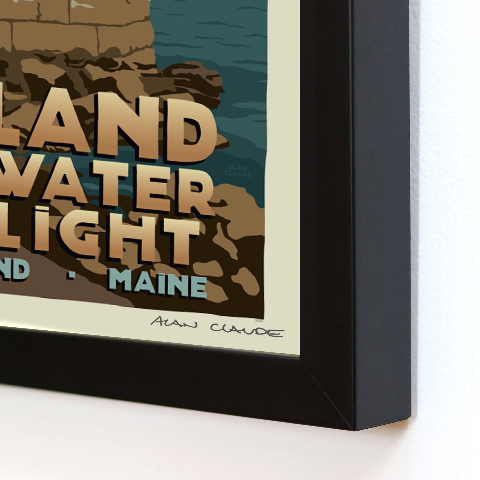 Portland Breakwater Bug Light Art Print (Thin Border) 8" x 10" Framed Travel Poster By Alan Claude - Maine