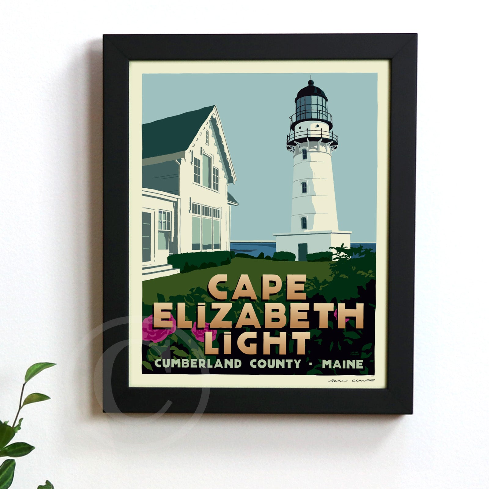Cape Elizabeth Light Art Print (Thin Border) 8" x 10" Framed Travel Poster By Alan Claude - Maine