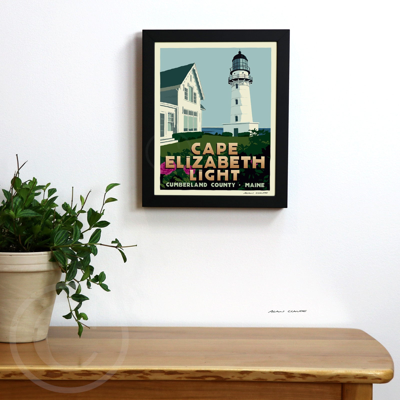 Cape Elizabeth Light Art Print (Thin Border) 8" x 10" Framed Travel Poster By Alan Claude - Maine
