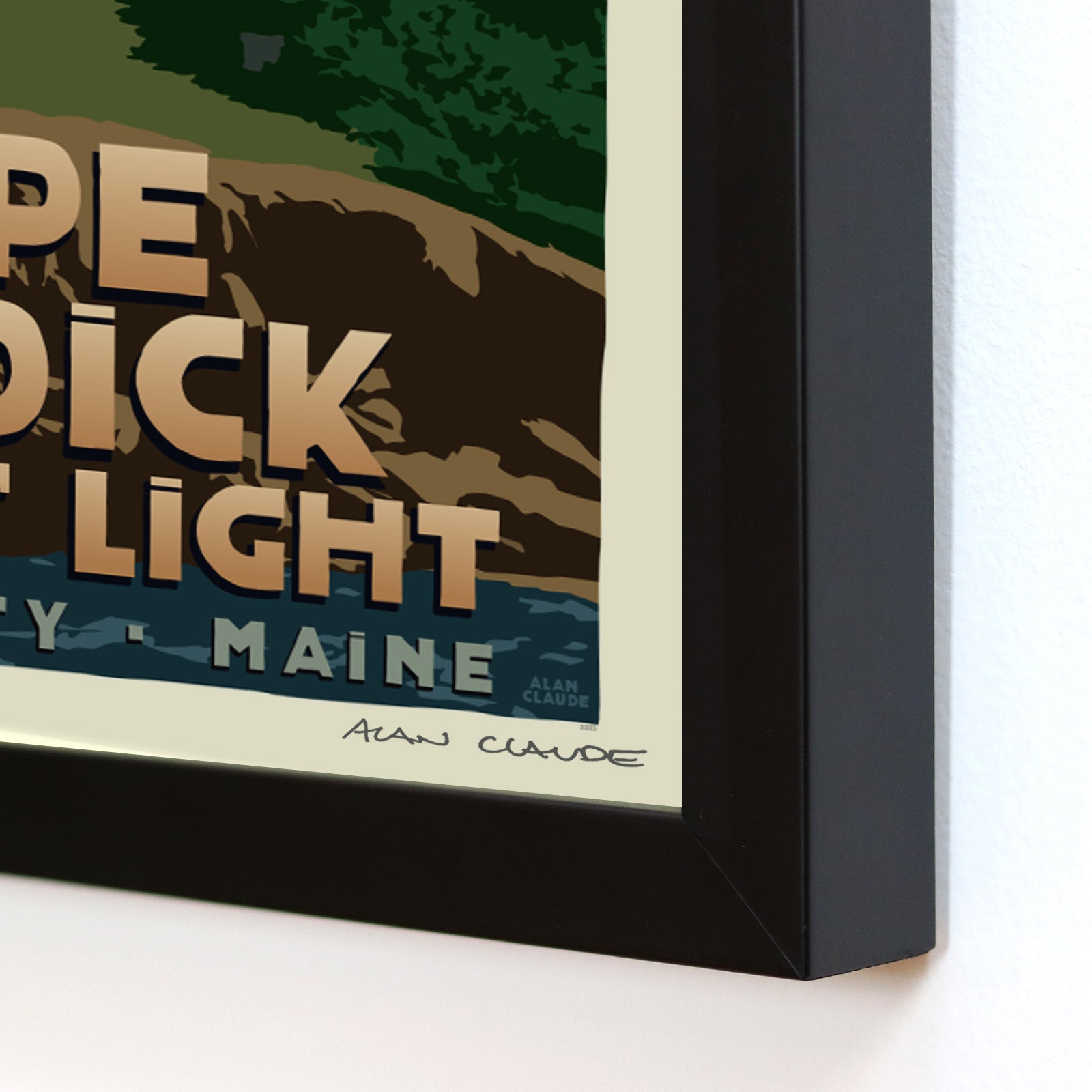 Cape Neddick Nubble Light Art Print (Thin Border) 8" x 10" Framed Travel Poster By Alan Claude - Maine