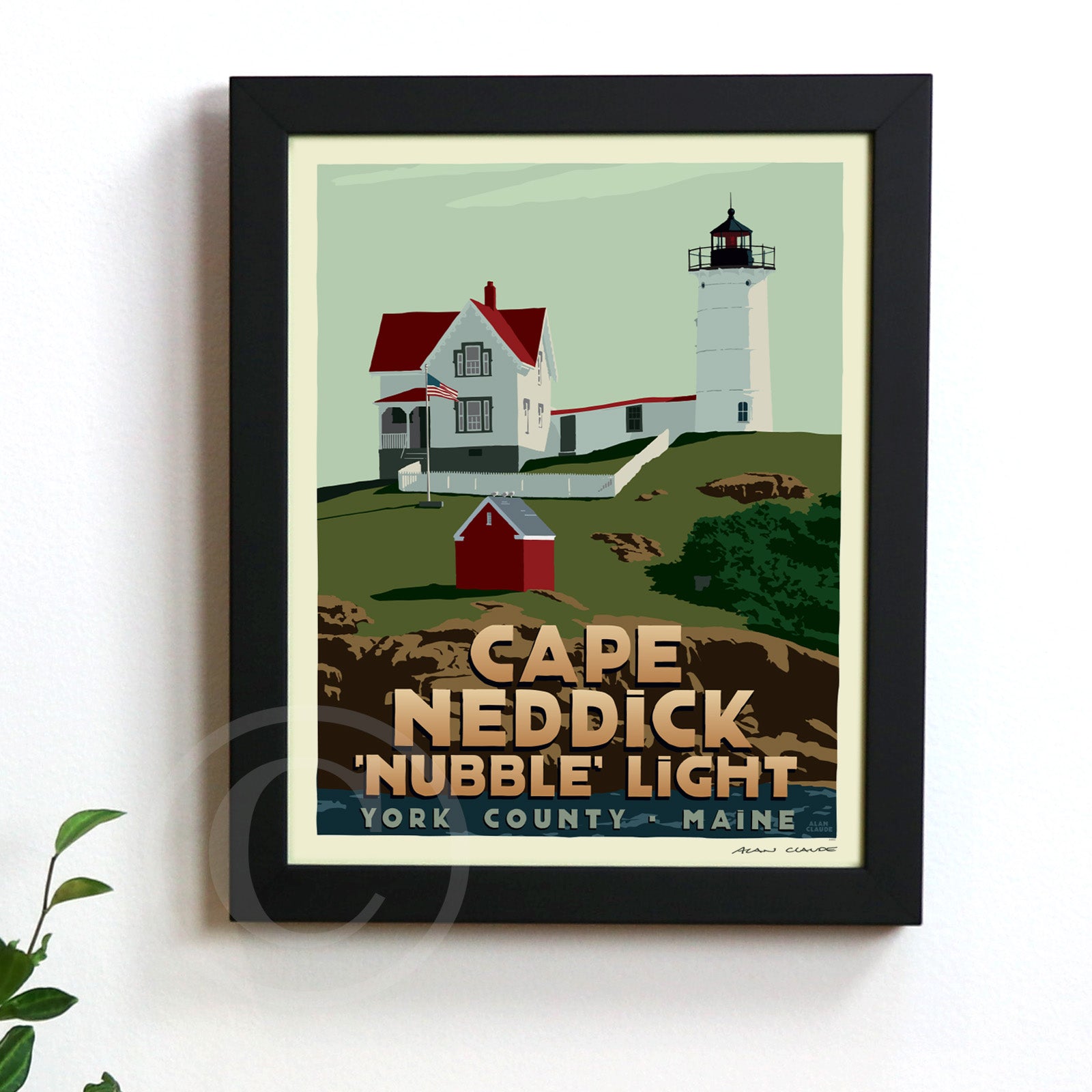 Cape Neddick Nubble Light Art Print (Thin Border) 8" x 10" Framed Travel Poster By Alan Claude - Maine