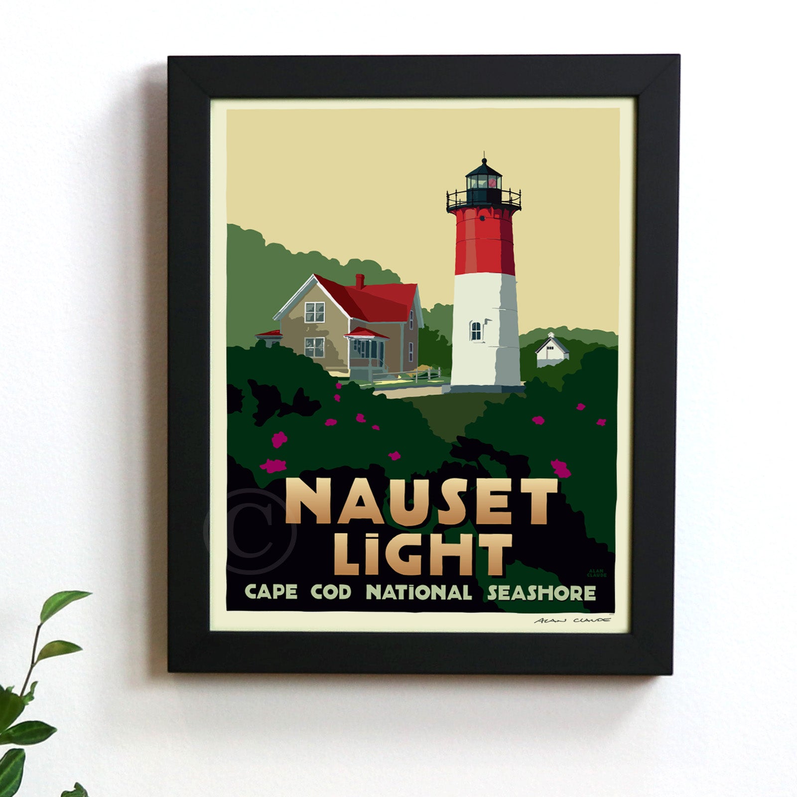 Nauset Light Art Print 8" x 10" Framed Travel Poster By Alan Claude - Massachusetts