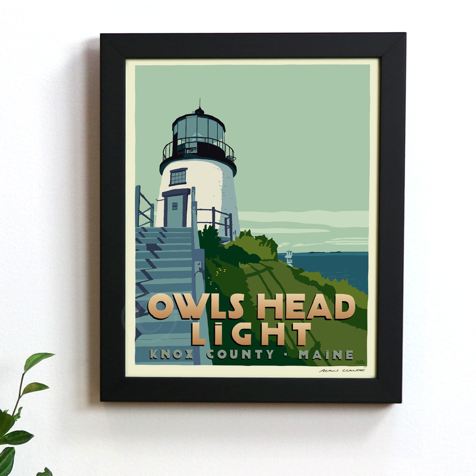 Owls Head Light Art Print 8" x 10" Framed Travel Poster By Alan Claude - Maine