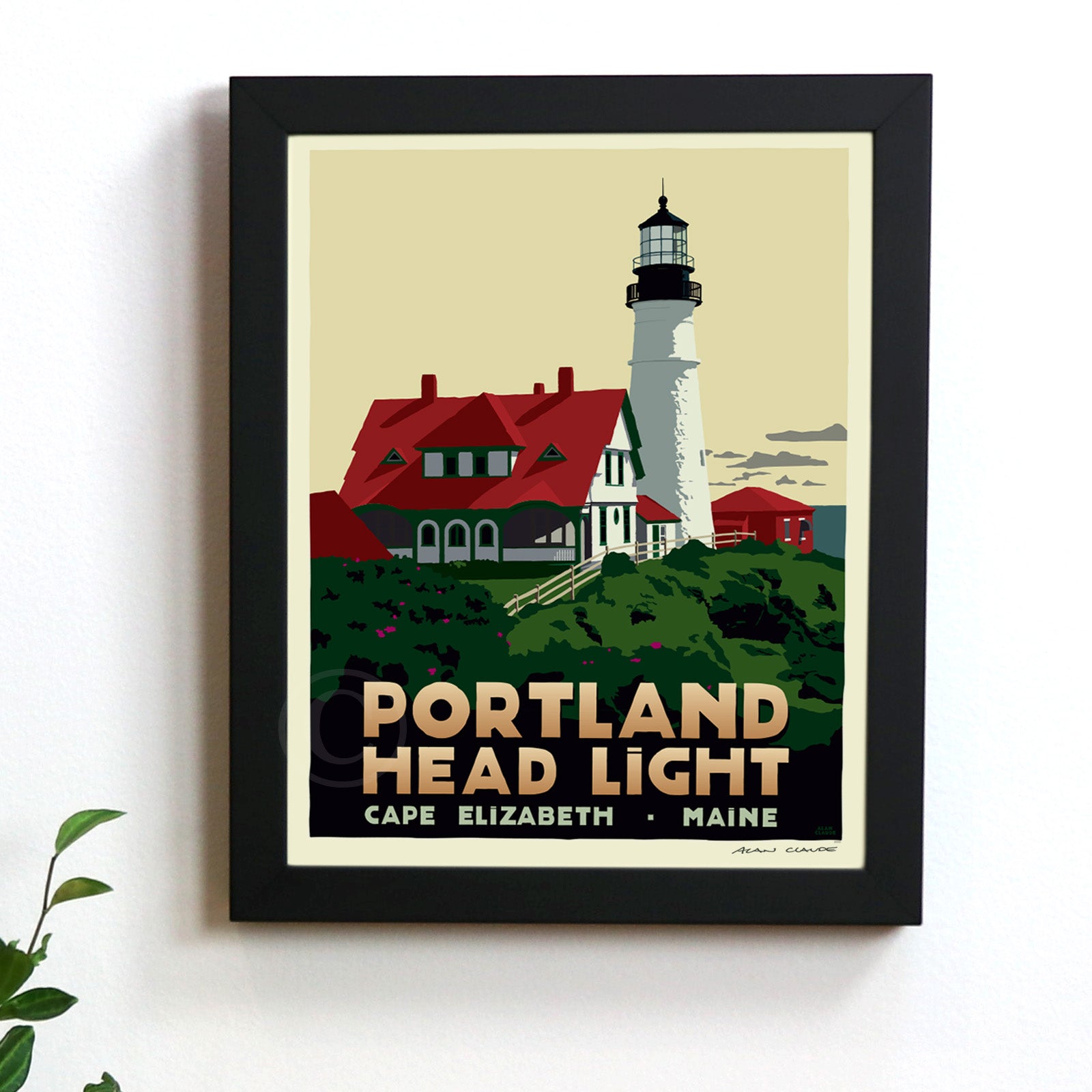 Portland Head Light Art Print 8" x 10" Framed Travel Poster By Alan Claude - Maine