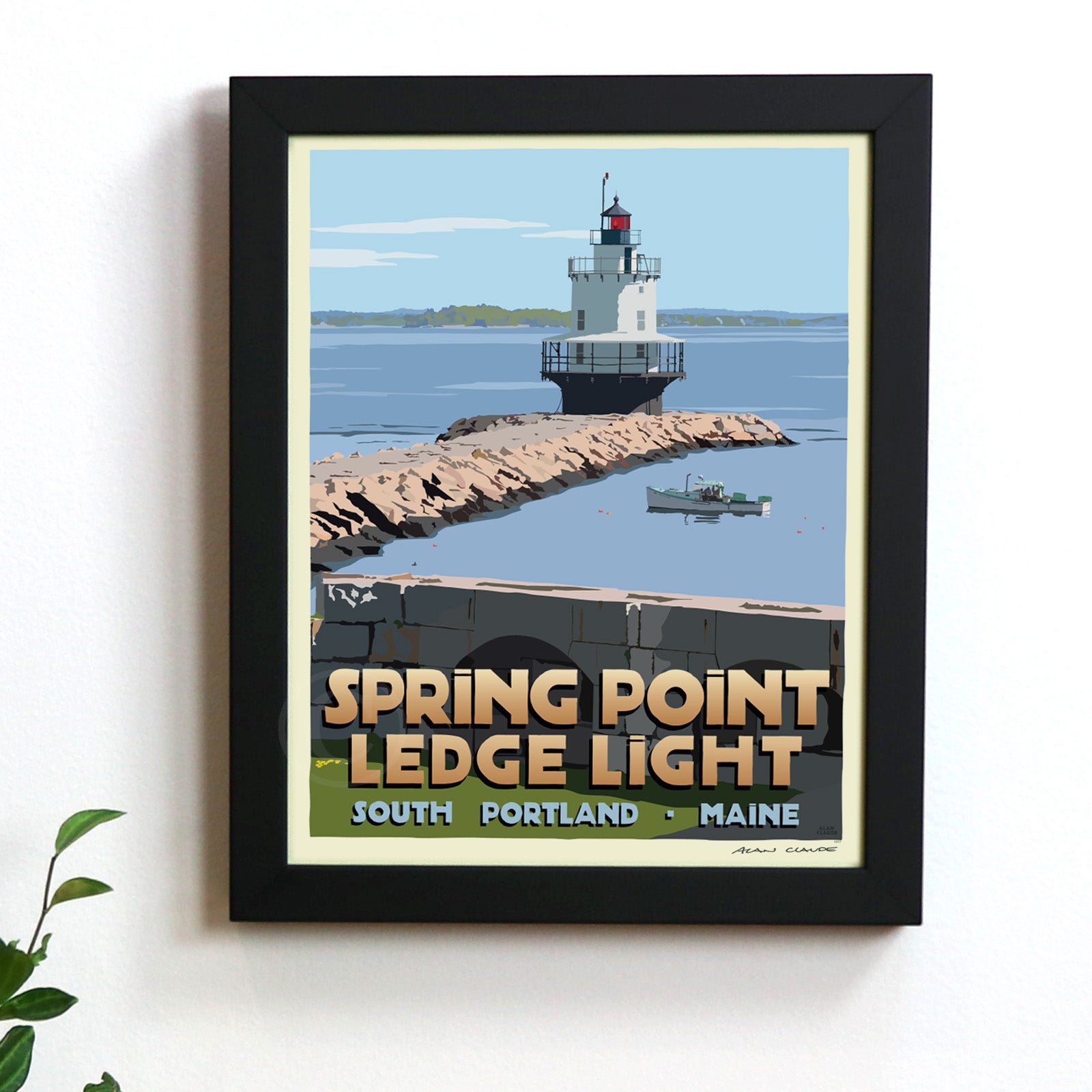 Spring Point Ledge Light Art Print 8" x 10" Framed Travel Poster By Alan Claude - Maine