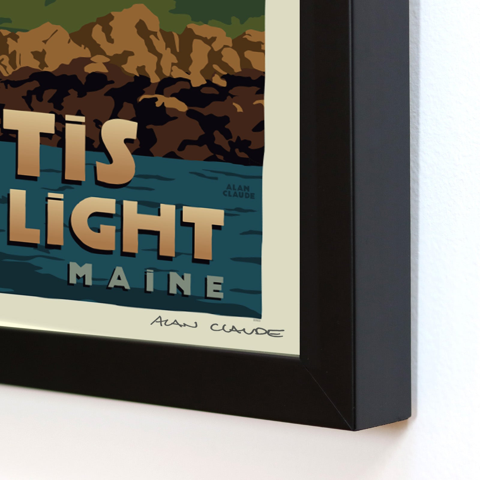 Curtis Island Light Art Print (Thin Border) 8" x 10" Framed Travel Poster By Alan Claude - Maine
