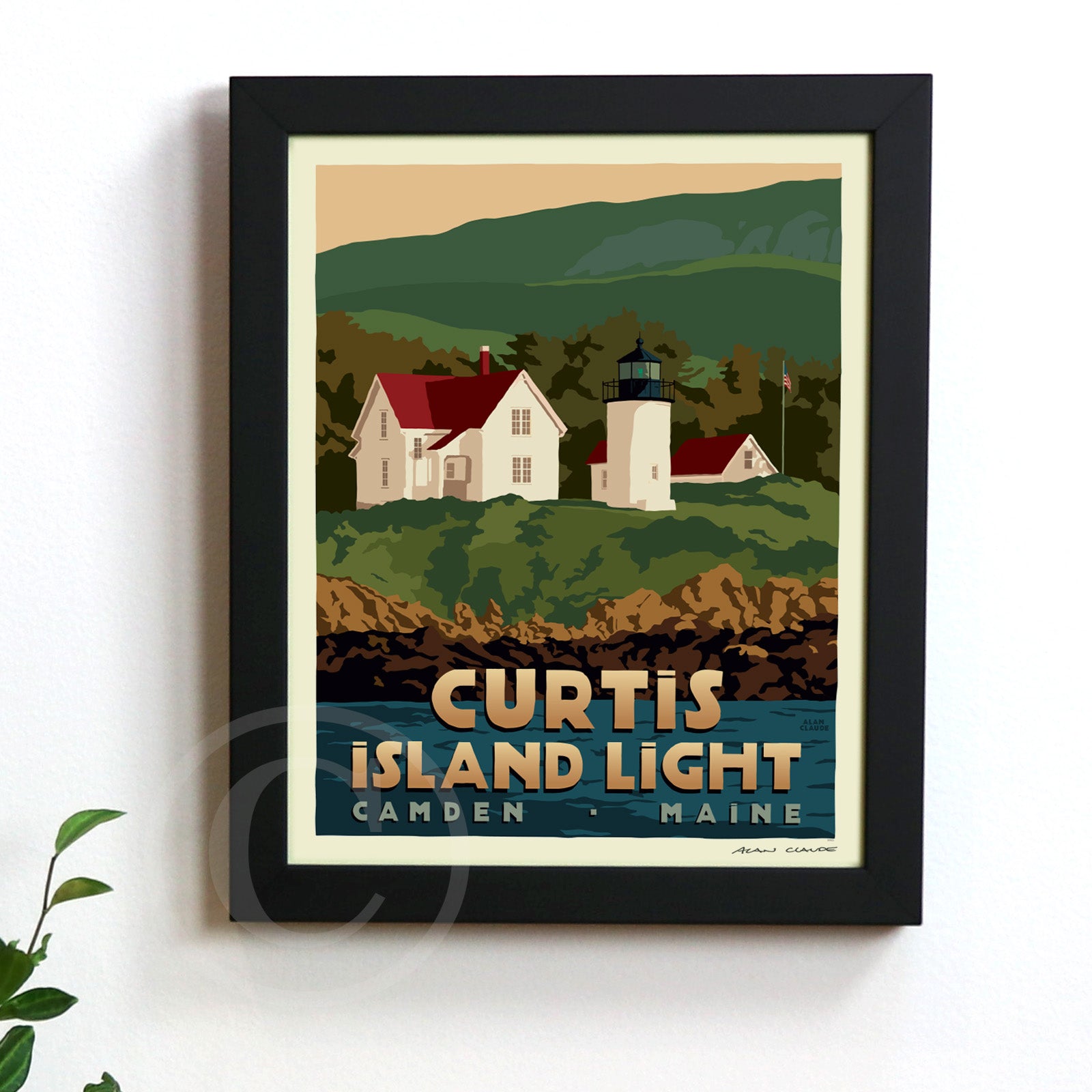 Curtis Island Light Art Print (Thin Border) 8" x 10" Framed Travel Poster By Alan Claude - Maine