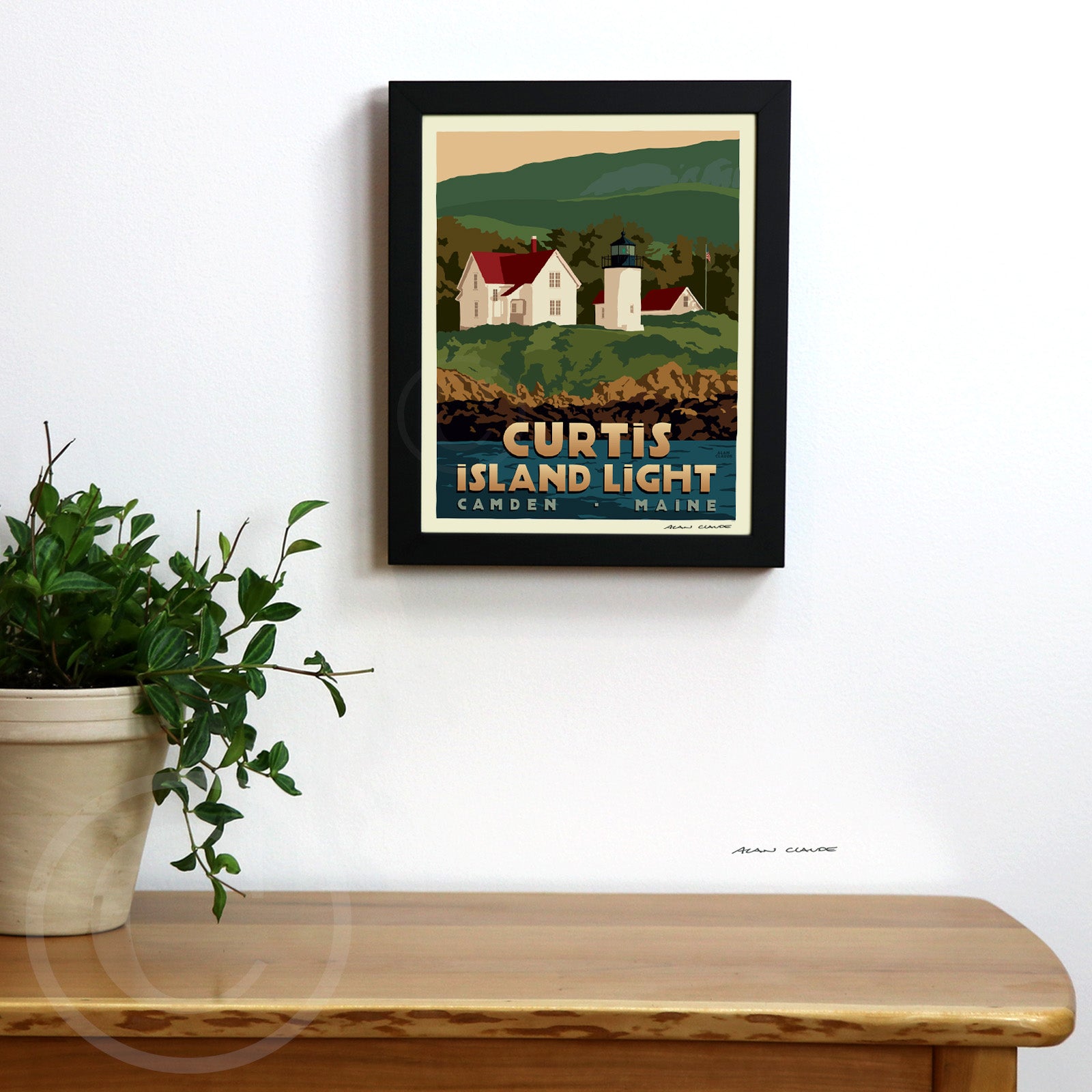 Curtis Island Light Art Print (Thin Border) 8" x 10" Framed Travel Poster By Alan Claude - Maine