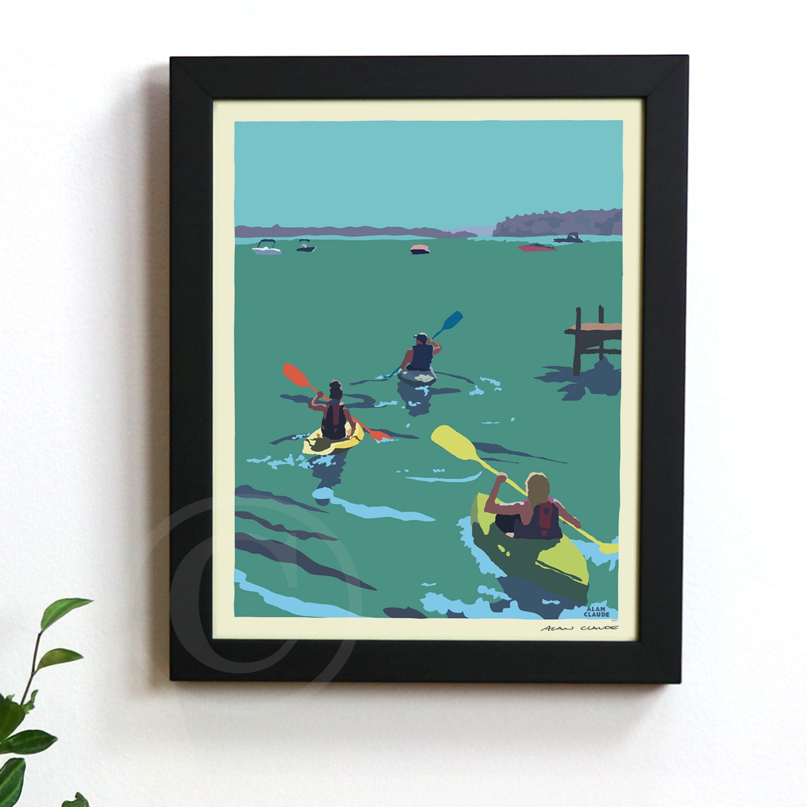 Kayakers Going East Art Print 8" x 10" Framed Travel Poster By Alan Claude - Maine
